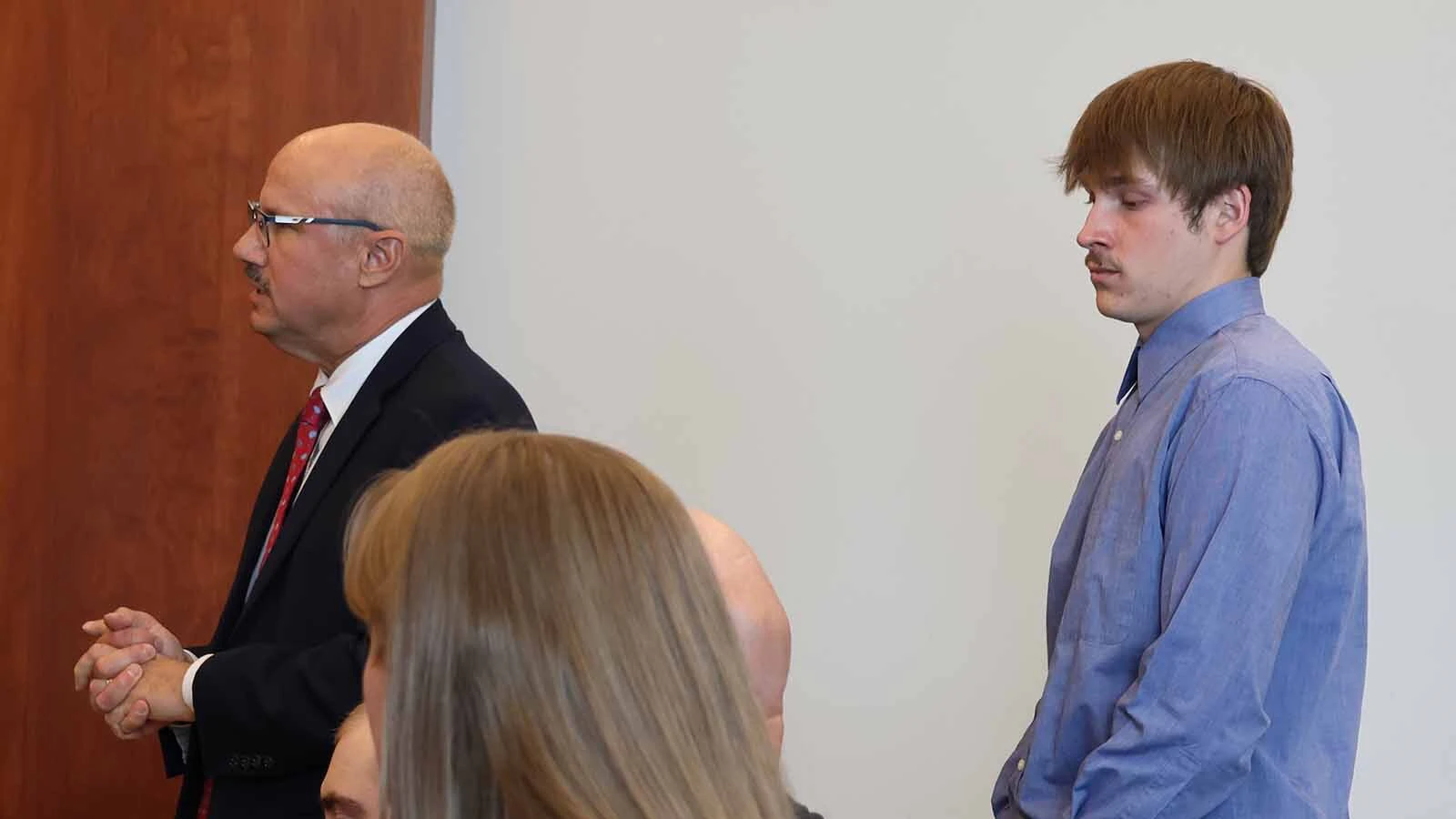 Attorney Keith Nachbar, left, and Brayden Randolph appear in Casper Circuit Court on Monday, July 6, 2026. Randolph is accused of using an 18-month-old as a shield during an armed standoff with police.