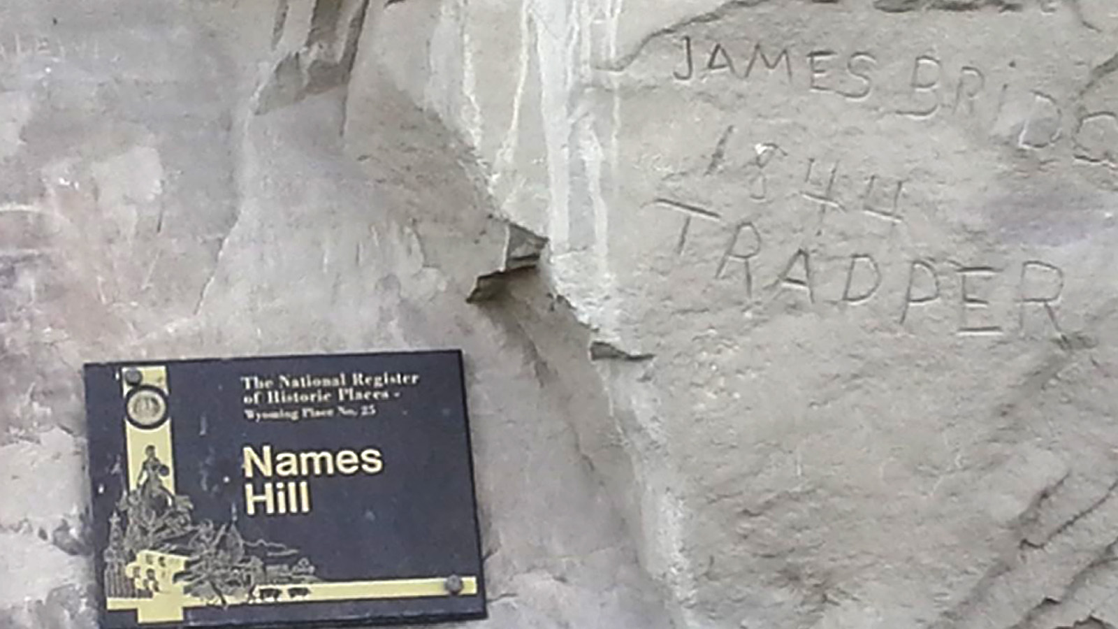 “James Bridger, Trapper, 1844” is one of the most prominent rock inscriptions at Names Hill in Lincoln County. Other names found there date back to trappers in the 1820s.
