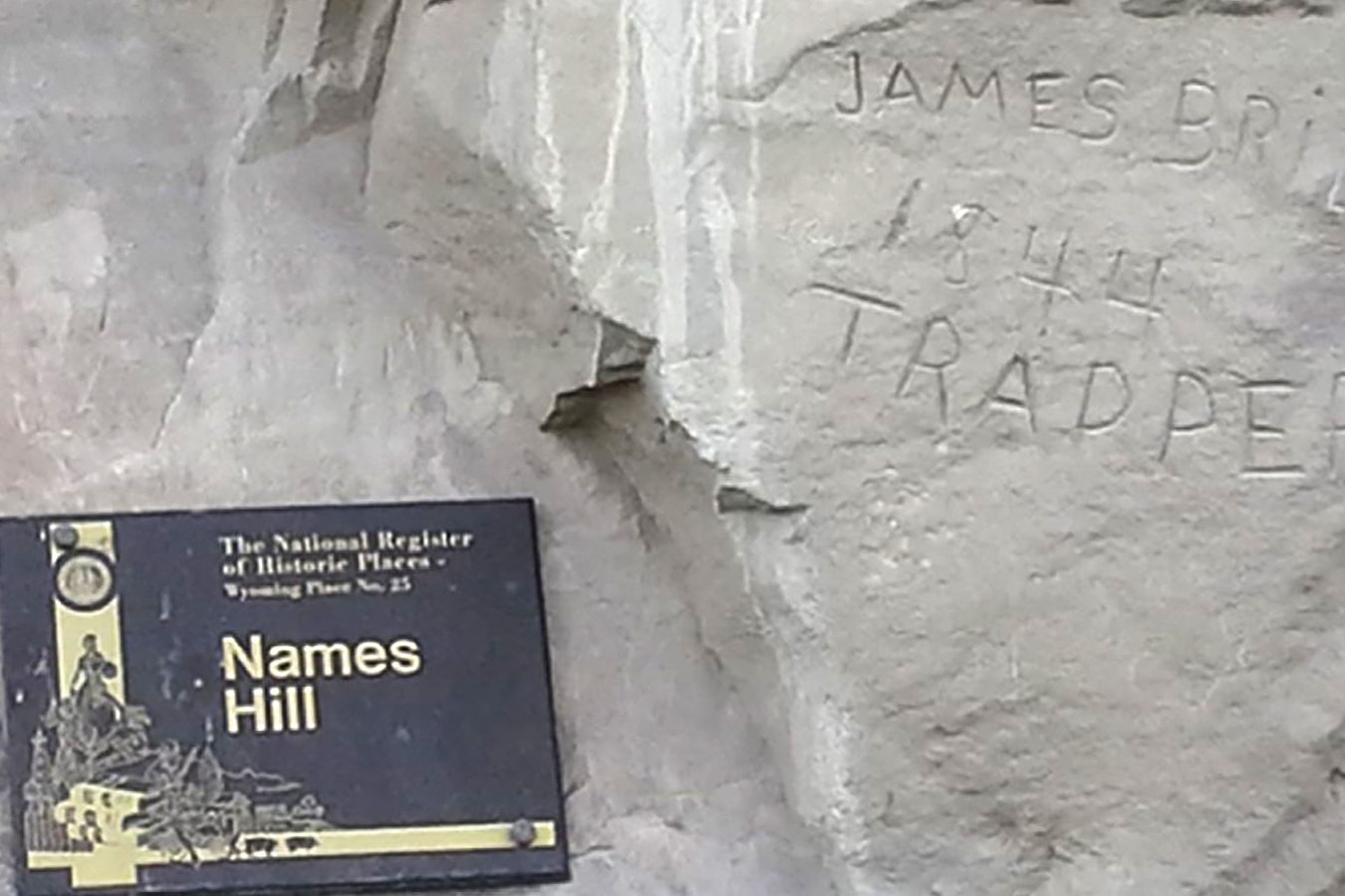 “James Bridger, Trapper, 1844” is one of the most prominent rock inscriptions at Names Hill in Lincoln County. Other names found there date back to trappers in the 1820s.