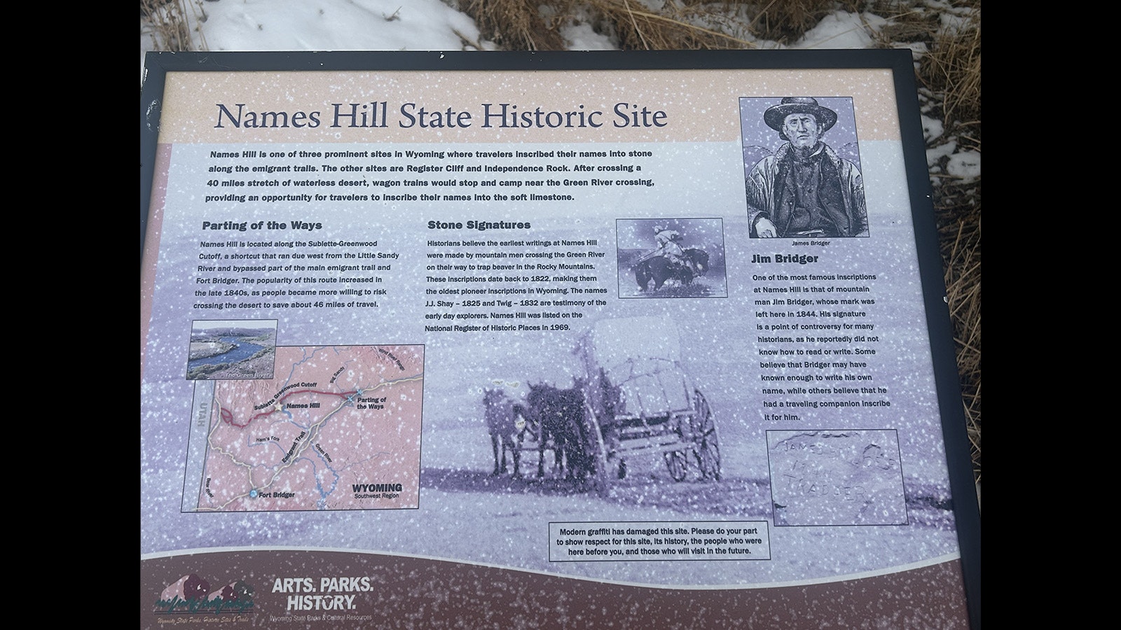 An interpretive sign located at Names Hill, a few miles south of La Barge in Lincoln County.