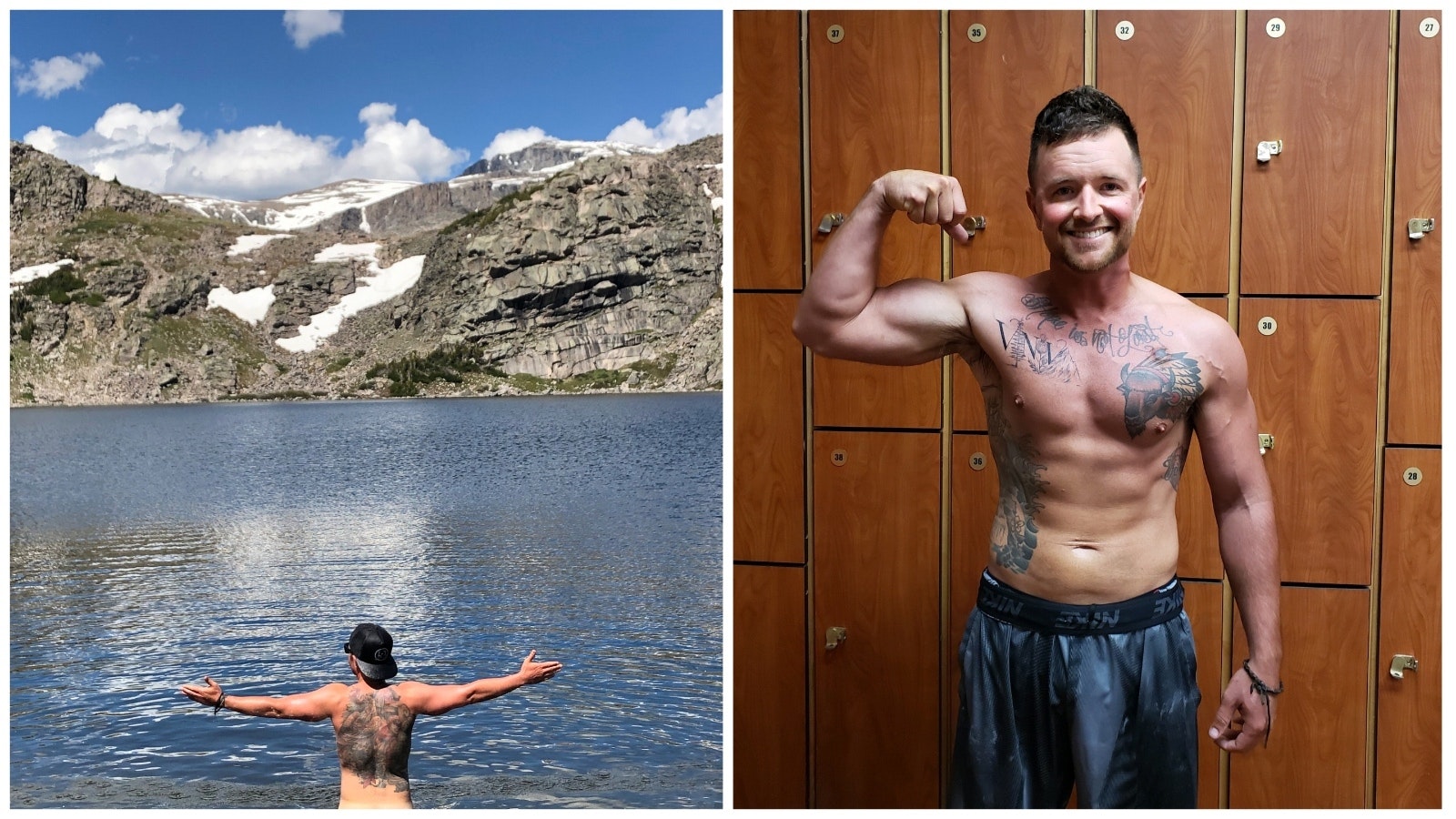Left: Celebrating life at Hidden Falls in the Big Horns: Right: Taken a year after Nathan Kissack was put on maintenance chemo. Kissack told Cowboy State Daily he just made up a competition for himself, to see what kind of dramatic physical change he could make happen with his body after being told by doctors not to work out.