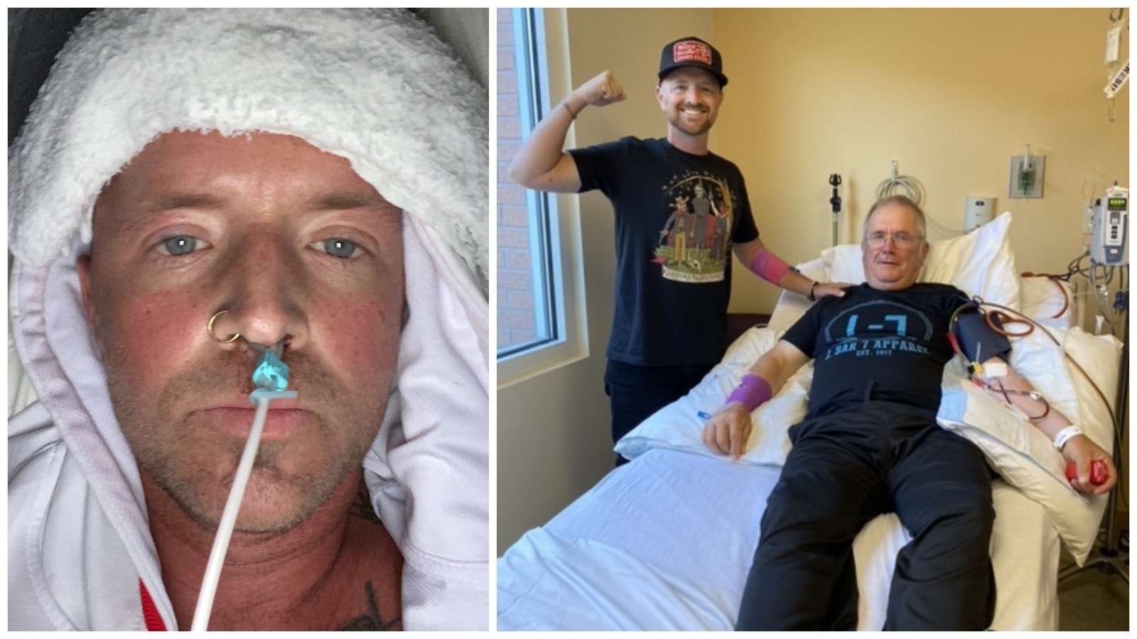 Left: Photo Nathan Kissack took of himself while fighting off graft versus host syndrome. Kissack had a 106-degree fever told Cowboy State Daily he could barely hold his phone. He  took the picture to remind himself, if he survived, that if this doesn't kill him, then nothing else can kill him. Right: Nathan Kissack, at left, poses with his dad Bart, who is donating his stem cells to his son.