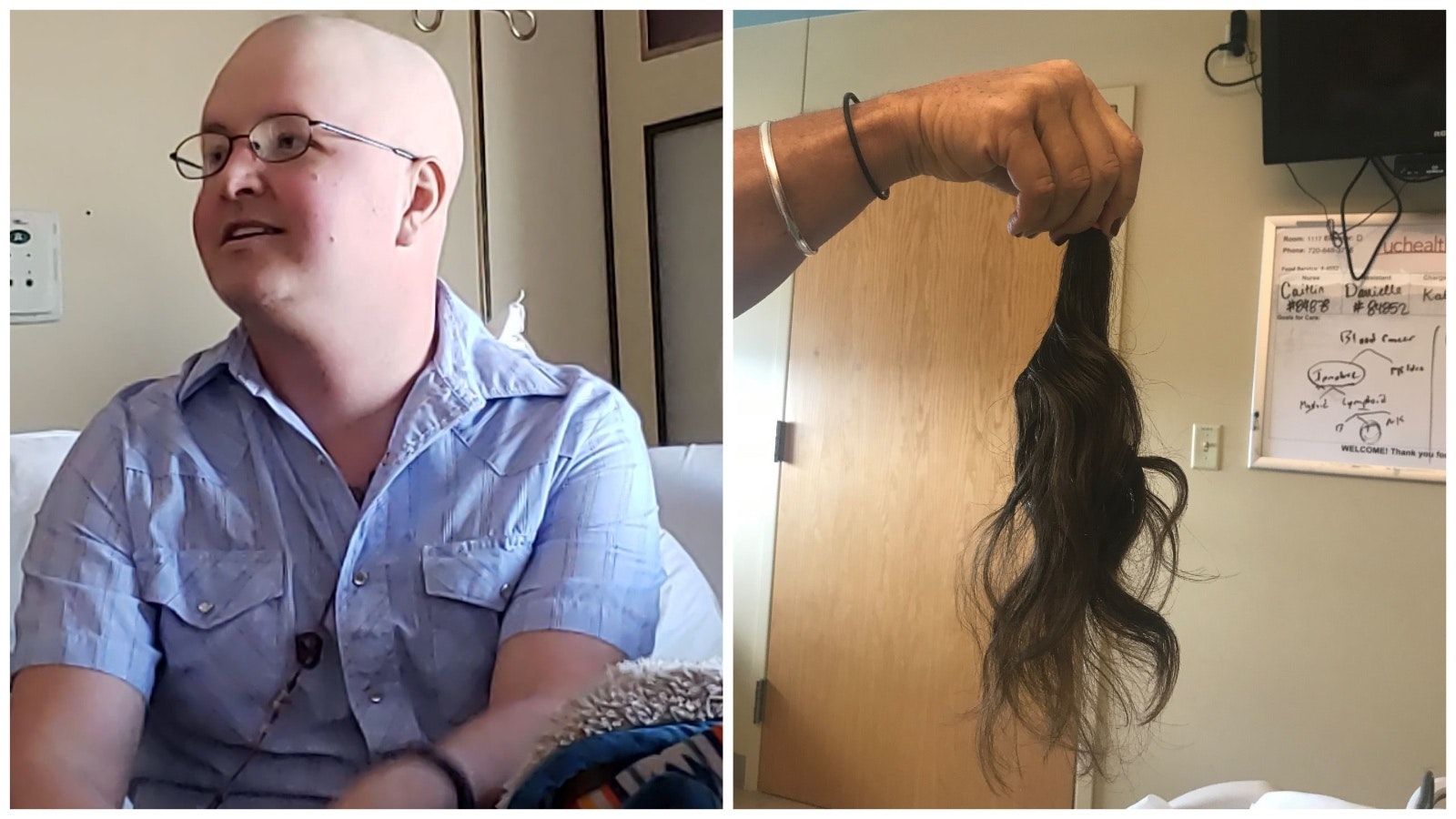 Chemotherapy brought on a dramatic physical change, left. But forefoot, Nathan Kissack donated his hair to a charity that makes wigs for sick kids, right.