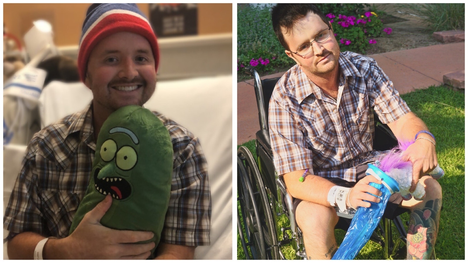 Left: Nathan Kissack holding Pickle Rick. He comes from what Kissack described as this "ridiculous animated show" called Rick and Morty. It was a gift from his girlfriend at the time, to sleep with when she wasn't there. Right: Nathan poses for a photo shoot outside the hospital the first time he had cancer. Kissack told Cowboy State Daily he knew what was coming, so he had a unicorn puking into a vomit bag they'd given him.