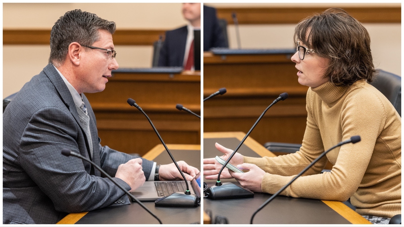 Nathan Winters, left, and Marcie Kindred testify to Wyoming legislative committees in these Cowboy State Daily file photos.