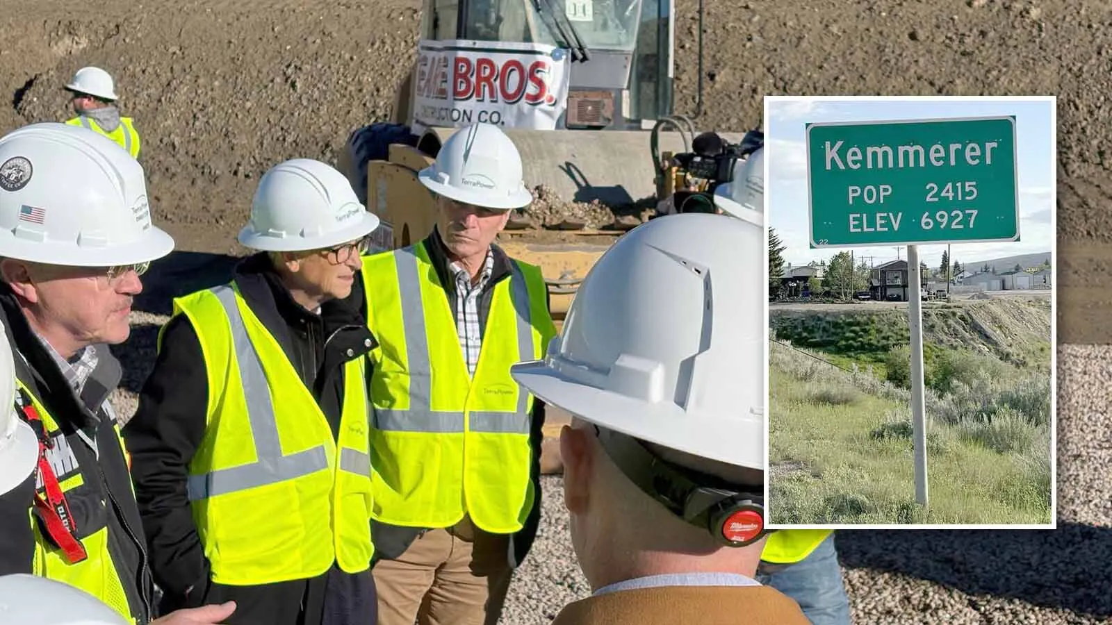 TerraPower founder Bill Gates, second from left, with Gov. Mark Gordon at the TerraPower nuclear power plant site near Kemmerer on Thursday, Oct. 15, 2026.
