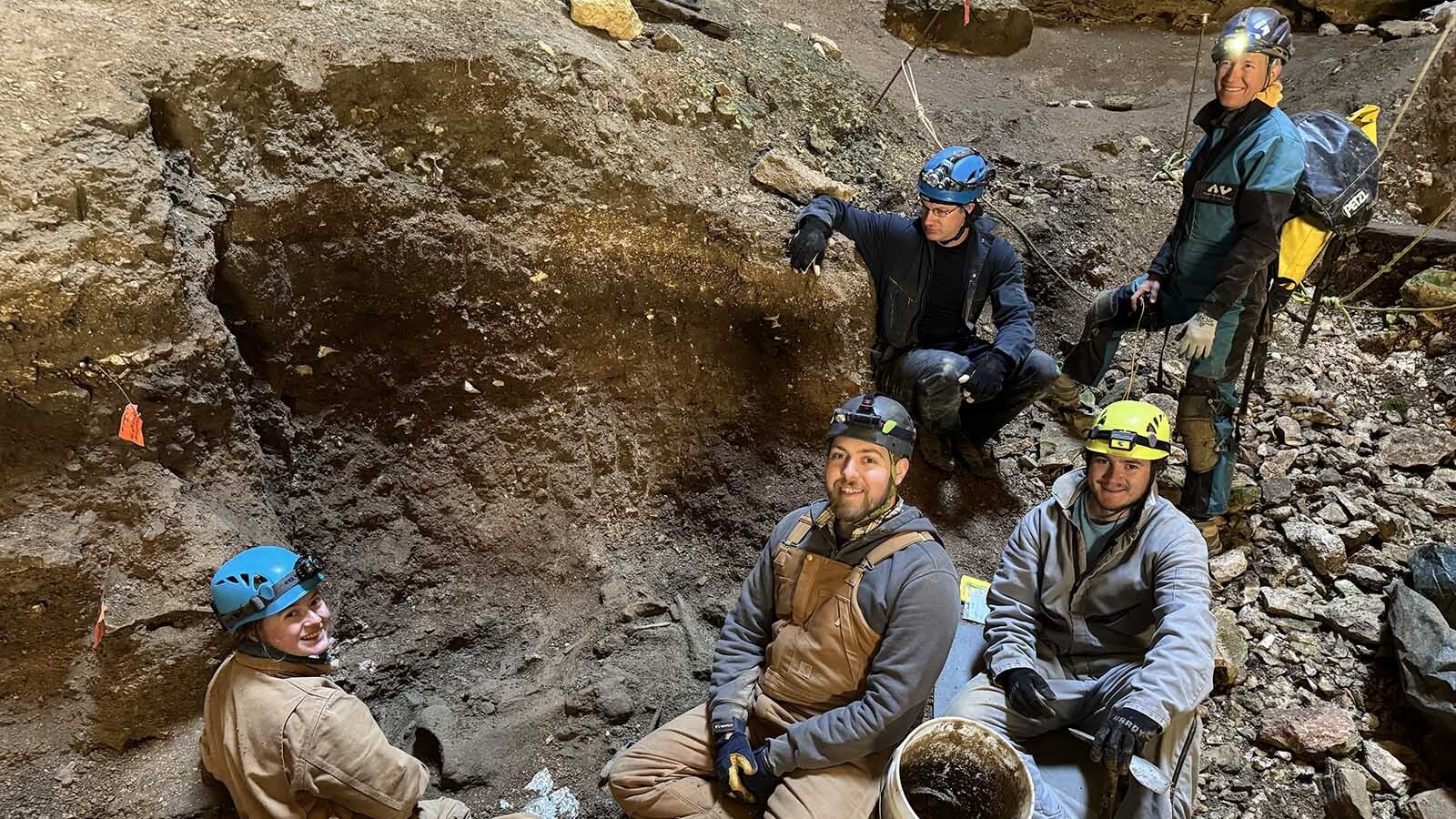 Part of the team in the cave, from left, Katie Slenker, Adam Fitch, Mikey Rowe, Andy Grass, and Jean Krejca.