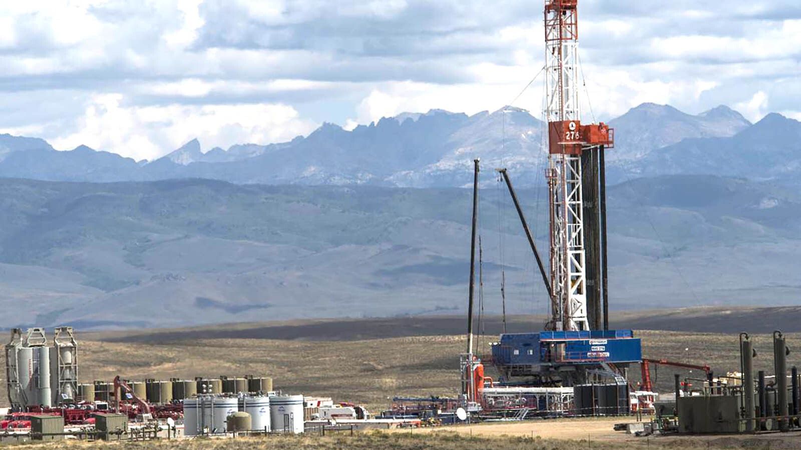 A drilling rig operates in a natural gas field near Pinedale, Wyoming.
