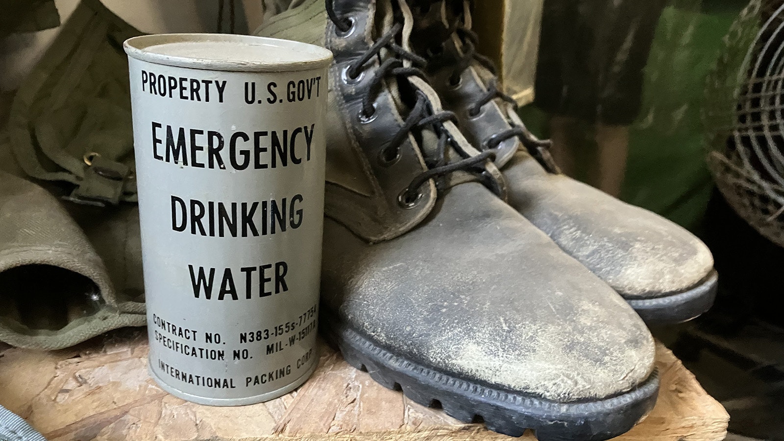 A can of official emergency water rations from Gene Dickerson’s career sits in his museum.
