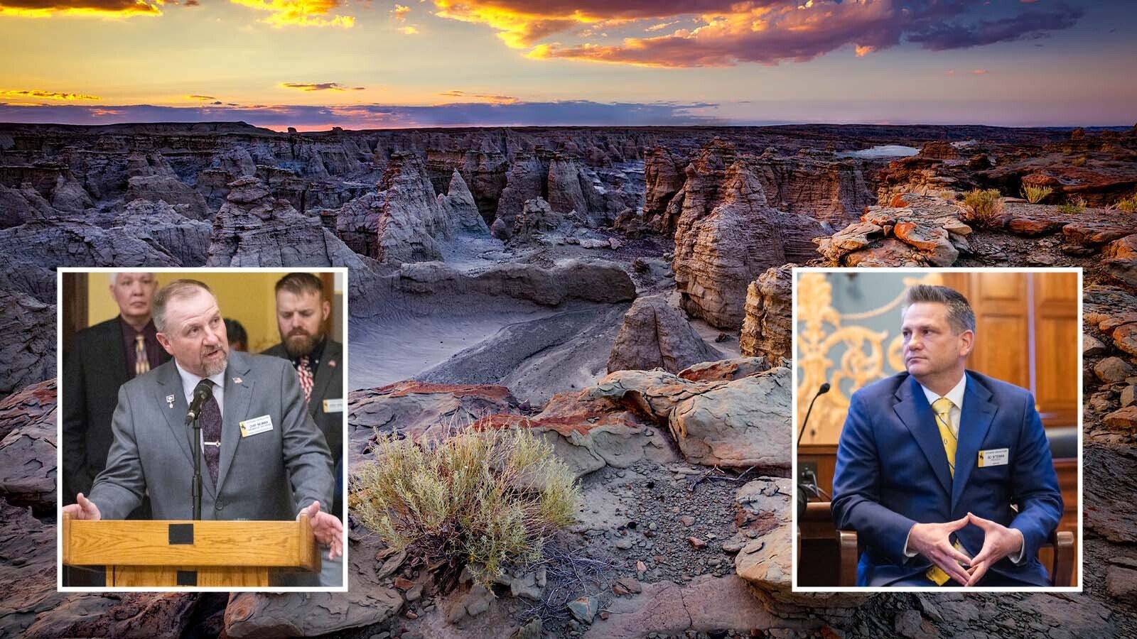 Leaders of the Wyoming Legislature range from lukewarm to angry about the proposed sale of federal public lands in Wyoming and 10 other Western states. And even though they can’t do anything about it, they’re hearing from constituents. Pictured are House Speaker Chip Neiman, left, and Senate President Bo Biteman; background is Adobe Town in the Red Desert of southwest Wyoming.