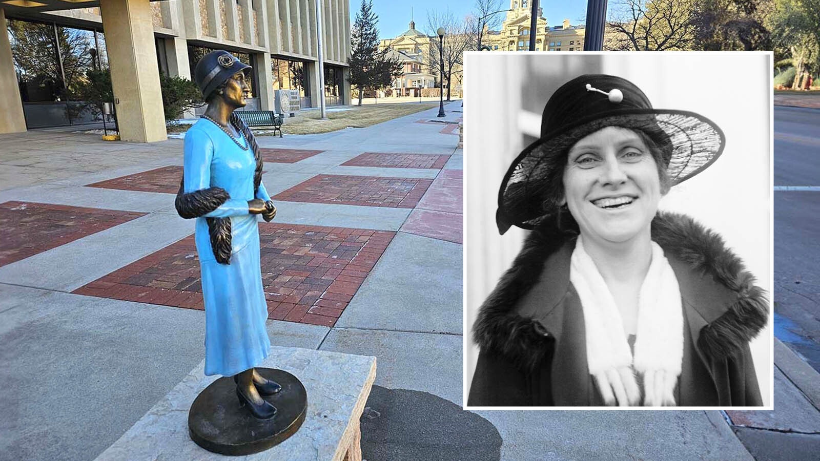 Nellie Tayloe Ross, first female Wyoming governor, looks sharp as if about to turn and walk to Wyoming’s state Capitol in the background. Inset, Ross when she was Wyoming's governor.