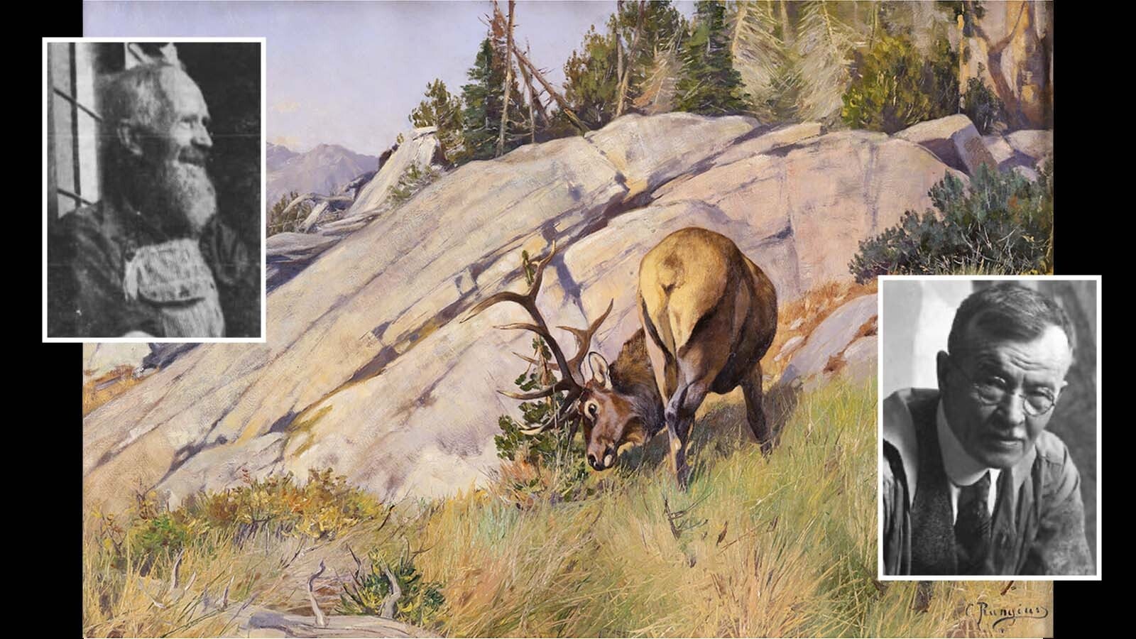 Wyoming pioneering game warden Albert Nelson, left, once set the broken leg of famed wildlife artist Carl Rungius, right. The thankful painter gave Nelson a painting that was later saved from the devastating 1927 Kelly Flood.