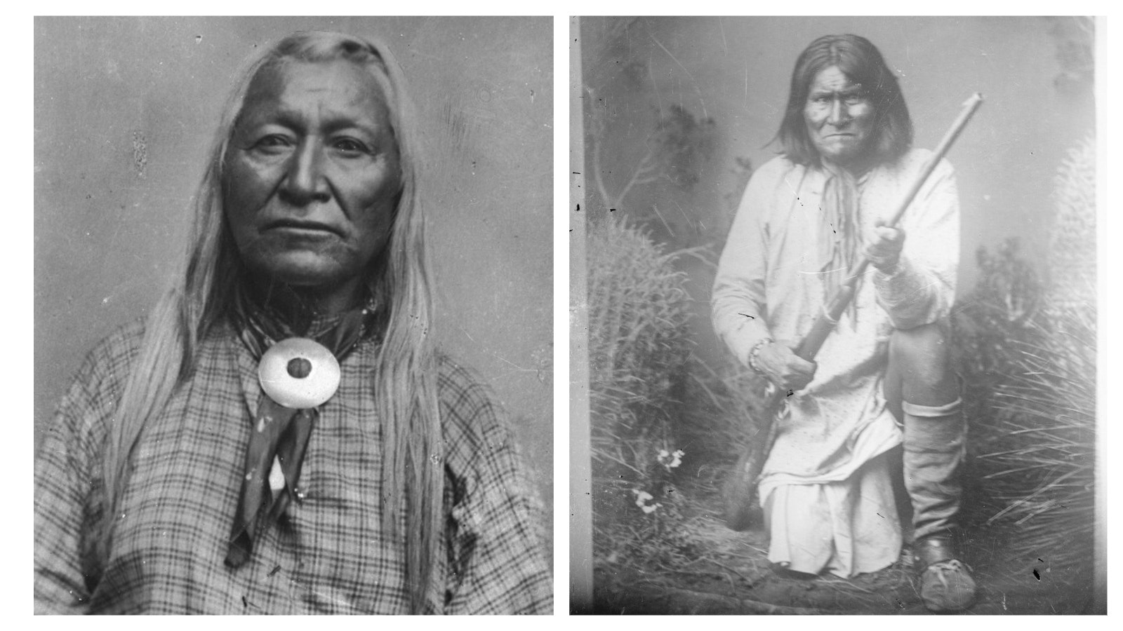 Left, a photo of Chief Washakie taken by Charles Baker and W.J. Johnston. Right, A photo of Apache medicine man and war leader Geronimo taken by Baker and Johnston.