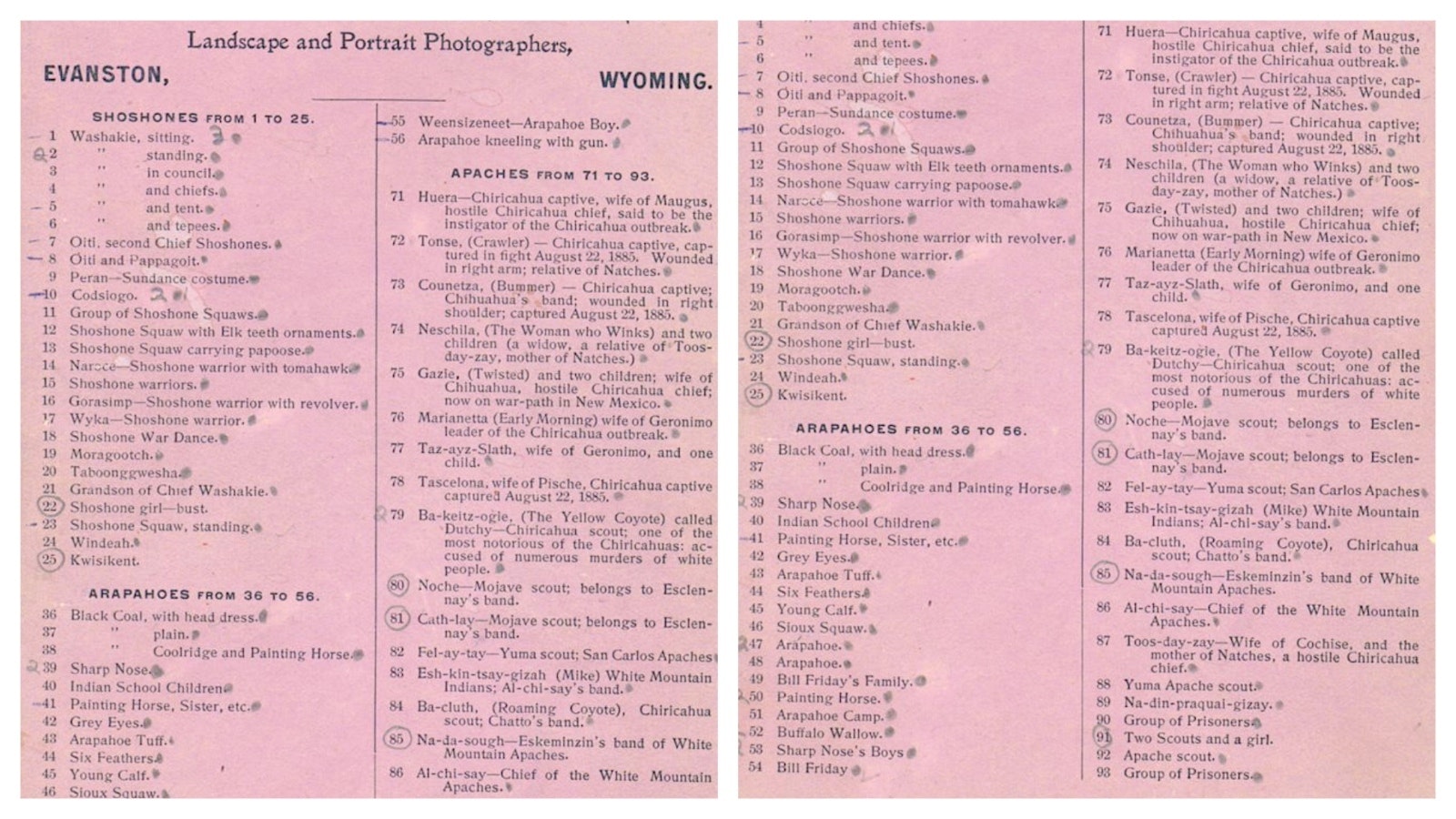 A list of the photos taken by Charles Baker and William J. Johnston of Native Americans and apparently produced by the partners.