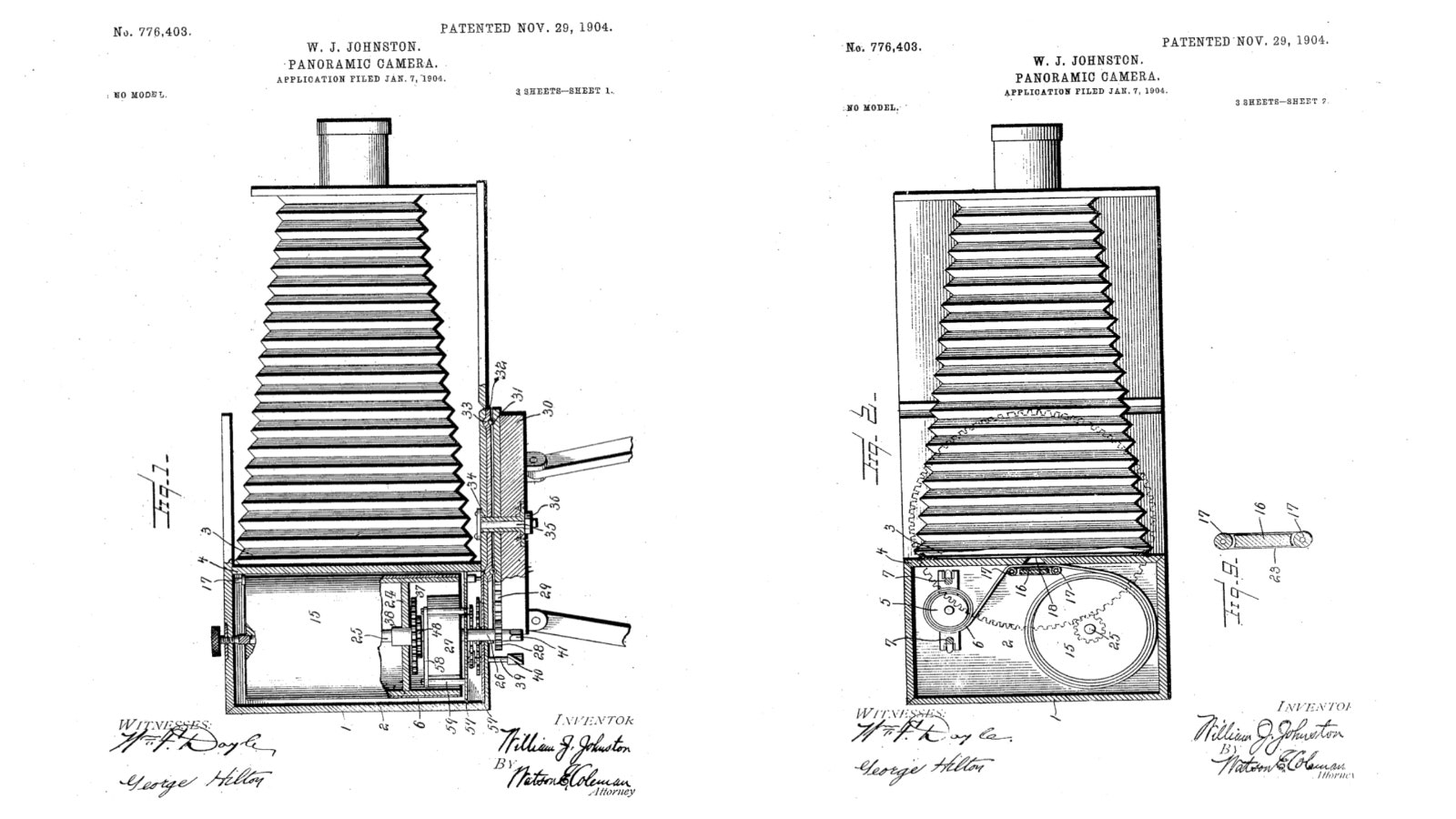W. J. Johnston’s patent drawing showing his revolving apparatus that he designed for his panoramic camera.