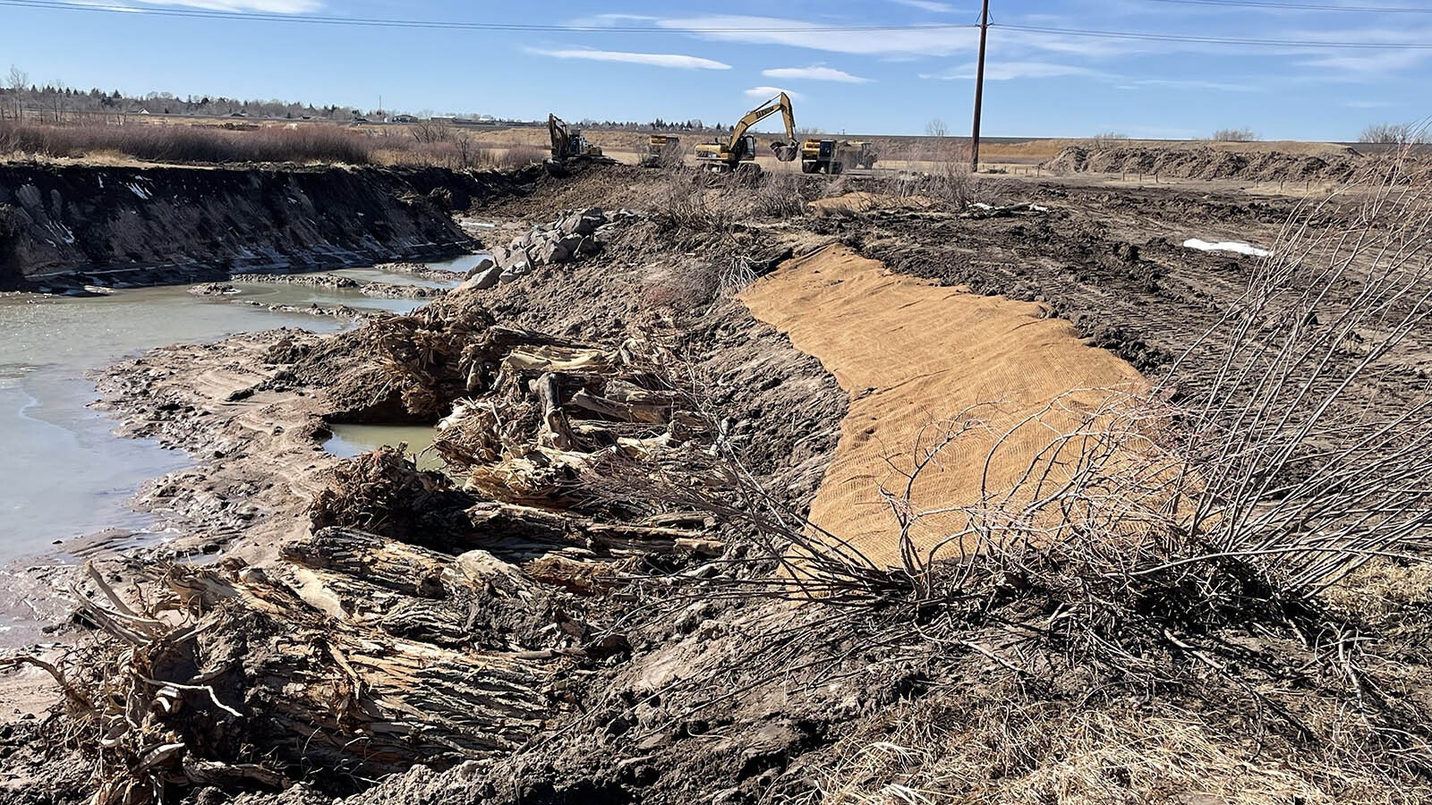 Massive chunks of cottonwood trees were placed in a fishing pond development in the Cheyenne Business Parkway Natural Area. Once the water fills in, the “toe wood,” as designers call it, will provide shelter for fish.