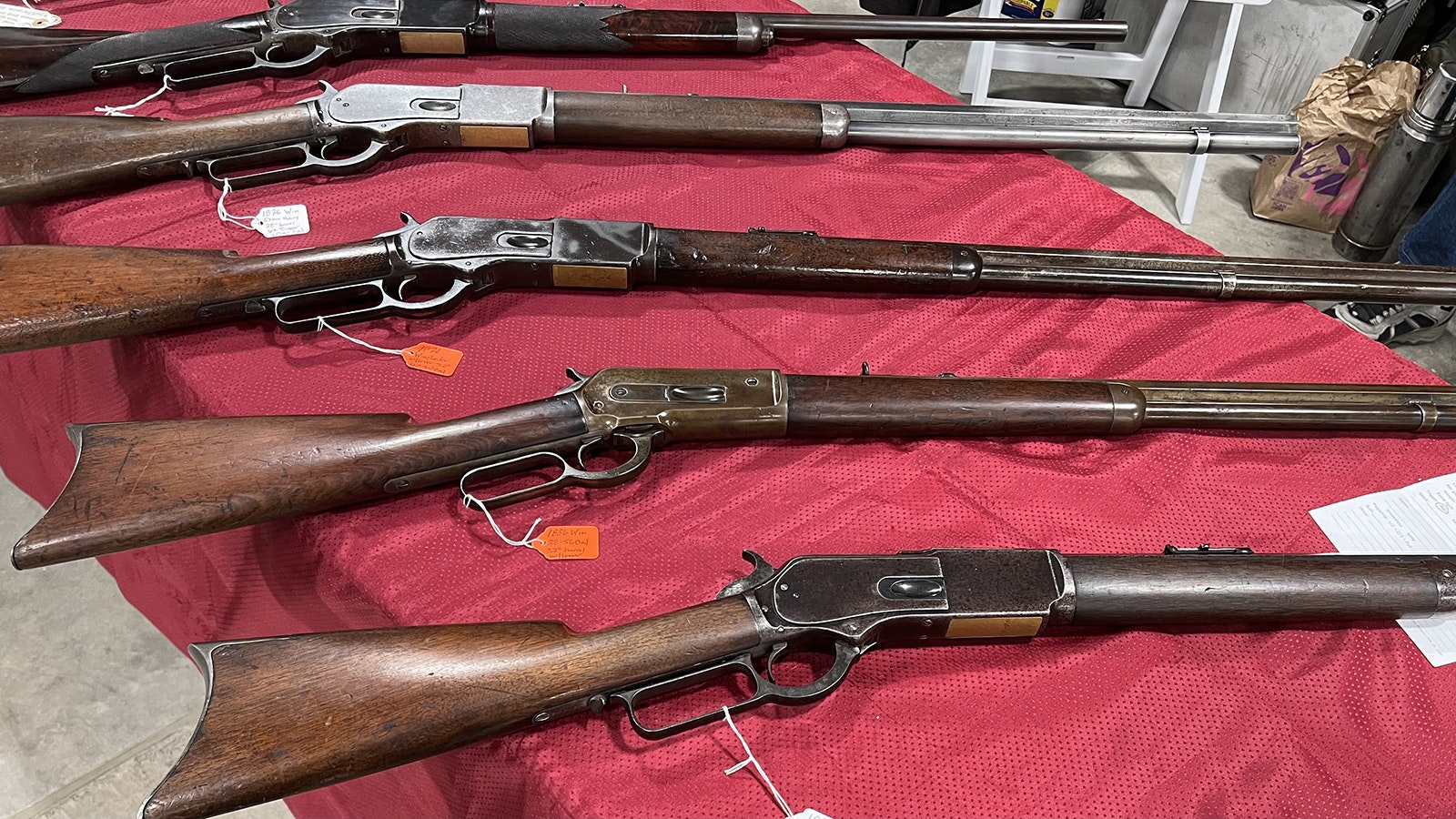 These 1876 Winchester rifles were displayed by Greg Garlick on Saturday at the New Frontier Gun Show and Western Collectibles Show in Cheyenne.