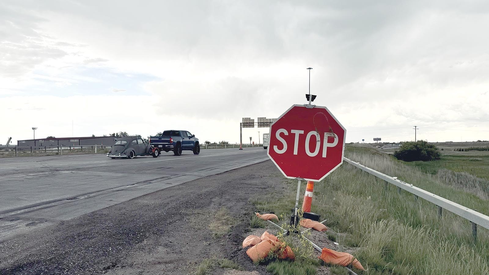 A stop sign located at the Cheyenne interchange where commuters and truckers are supposed to stop when exiting from the northbound lane of Interstate 25 to the eastbound Interstate 80. Some commuters and truckers run the stop sign.