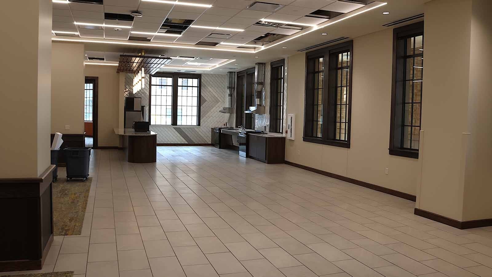 The lobby of the North Hall features some kitchen community space at its end.