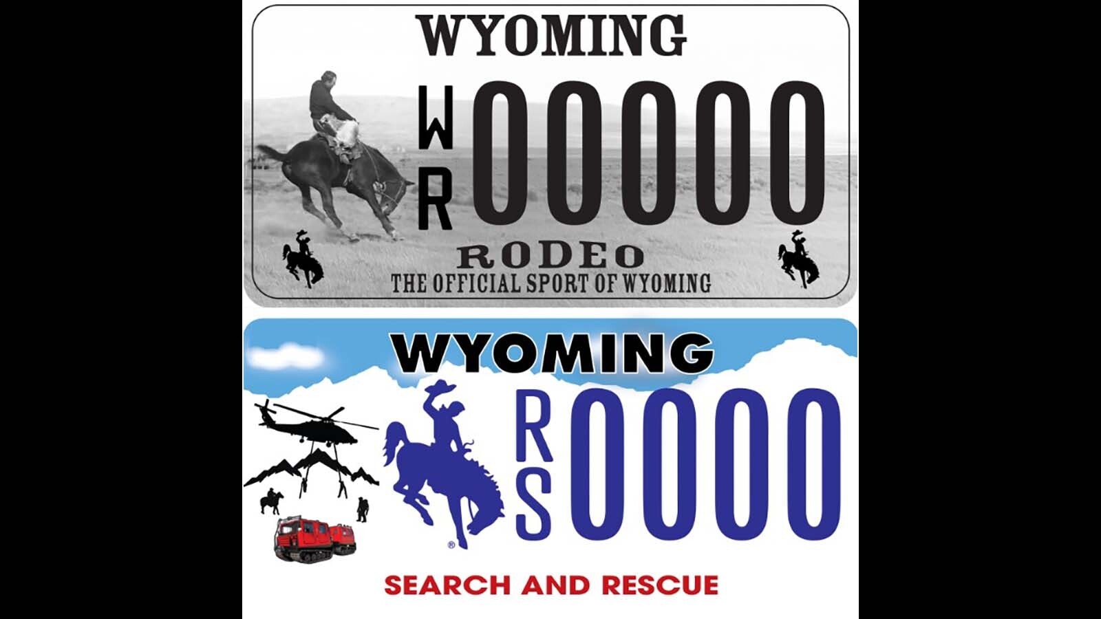 Wyoming's new rodeo, top, and search and rescue license plates.