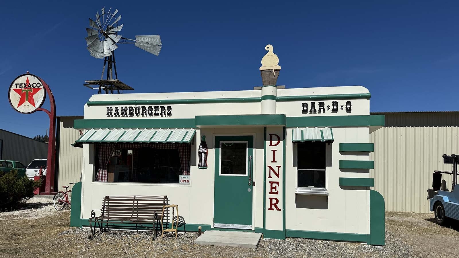 The restored Nifty Niner diner on a private ranch near Cody. The diner started out as Hughes System Hamburger Shop in 1948, and the nine-seat diner moved to multiple locations in Cody throughout the 1940s and 1950s.