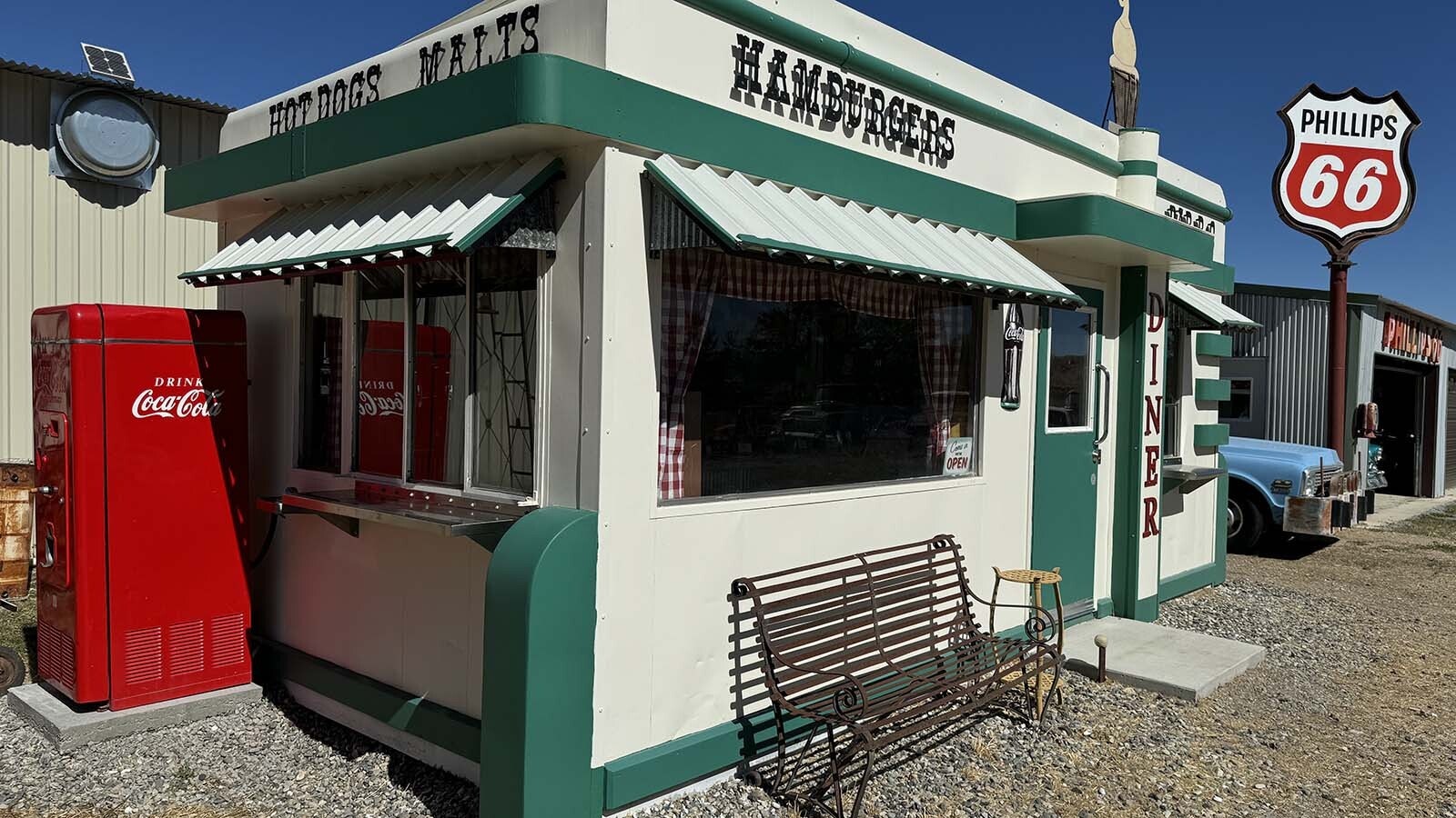 The restored "Nifty Niner" diner on a private ranch near Cody. The diner sits among several pieces of automotive history collected and restored by Ken Quintiliani, a vintage vehicle enthusiast who spends his days repairing and restoring cars and collecting vintage signs.