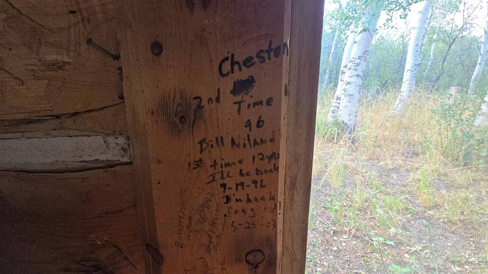 All of the walls have handwritten messages from people who stayed at the Niland cabin in the Medcine Bow-Routt National Forest.