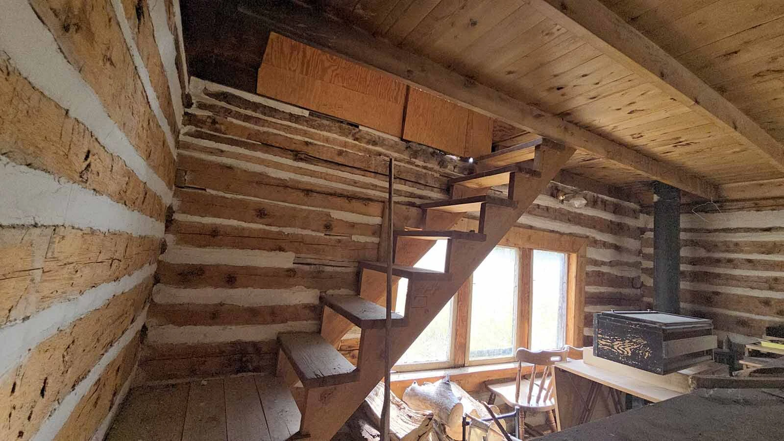 Stairs lead up to the second floor of the Niland cabin in the Medcine Bow-Routt National Forest. That area will become a sleeping area for guests of the cabin.