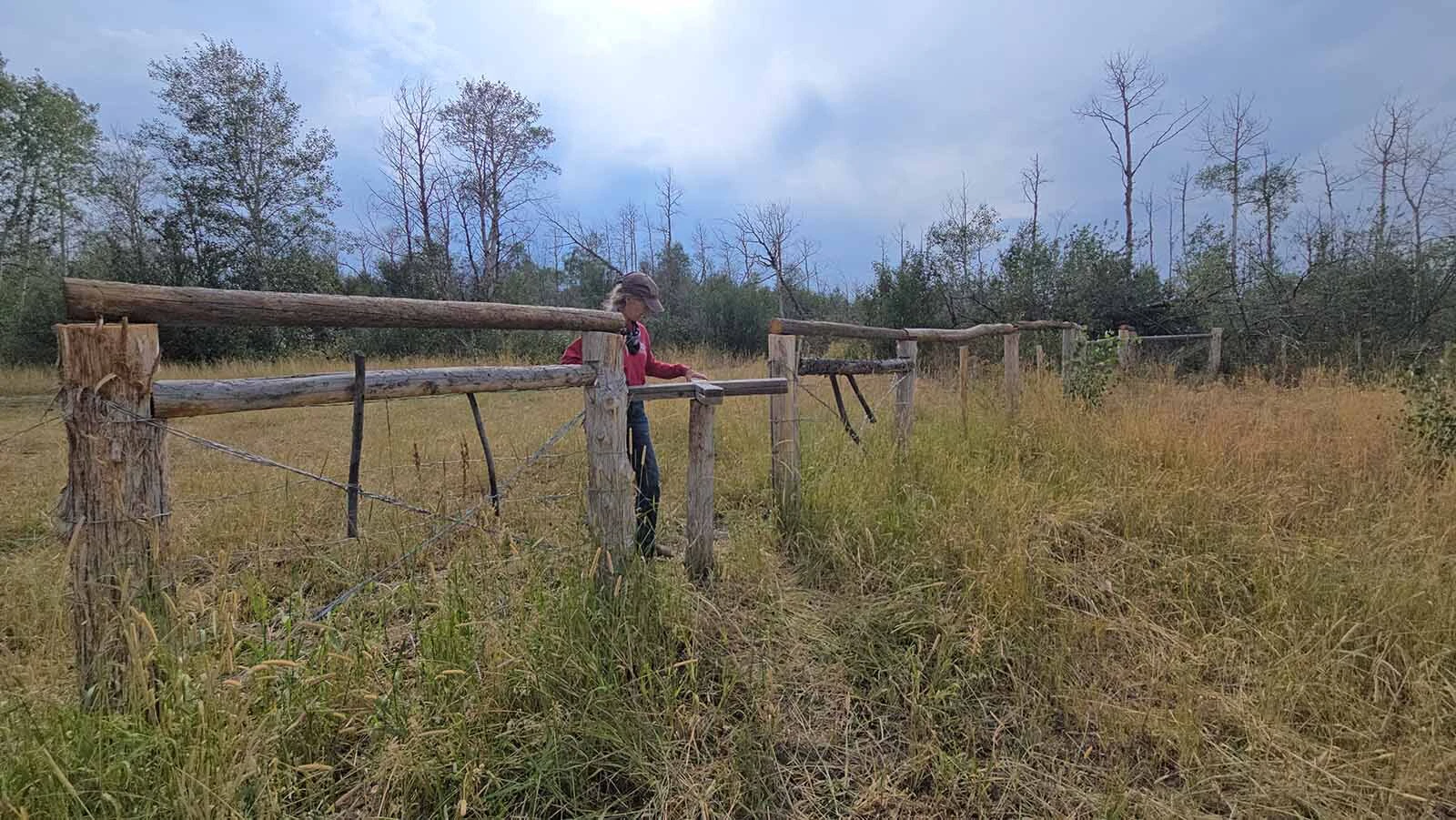 A turnstile in the fence allows humans to pass but keeps the cattle out at the Niland cabin in the Medcine Bow-Routt National Forest.