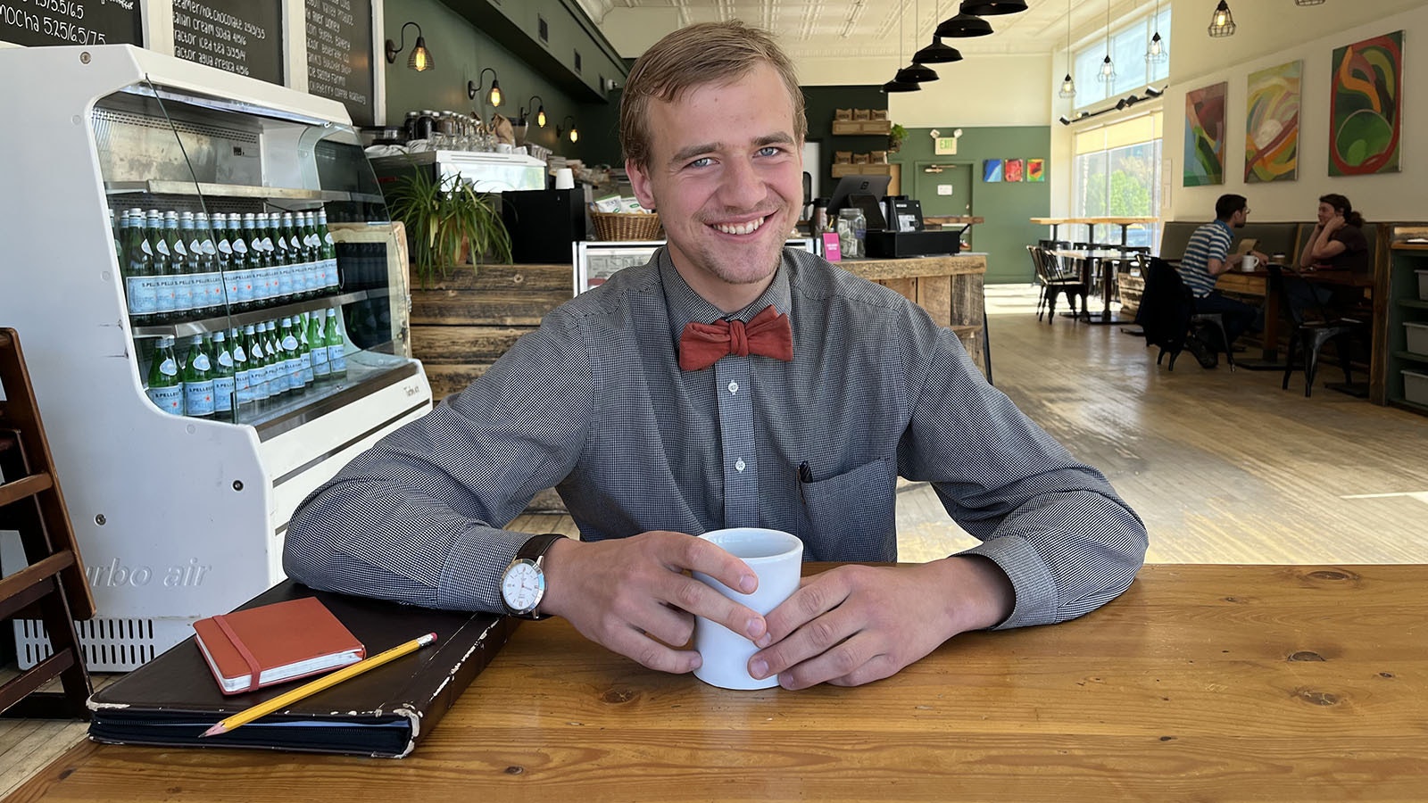 Kolya Sidloski, a Wyoming Catholic College student, in a contemplative mood at Sinks Coffee in Lander. Like all other WCC students, Sidloski gives up his cellphone for four years while attending.