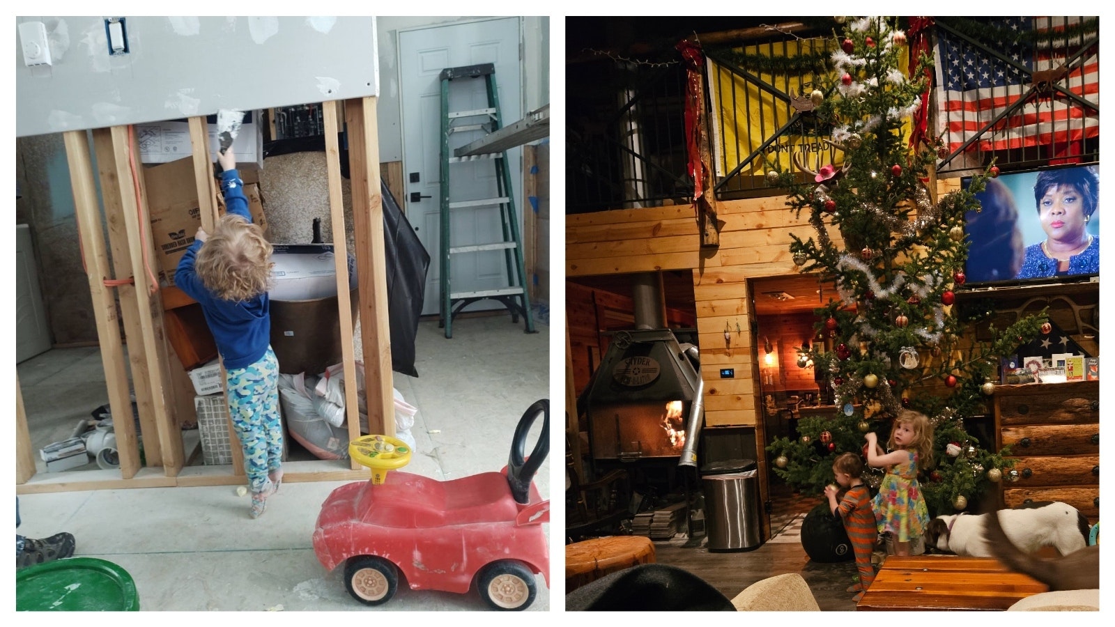 Building their home in Story, Wyoming, was a true family affair for Steve and Bridget Snyder and their young kids. They didn’t just do the work themselves, they did it together, which gives them a deeper connection to their home. Even the 2-year-old helped with drywall, left.