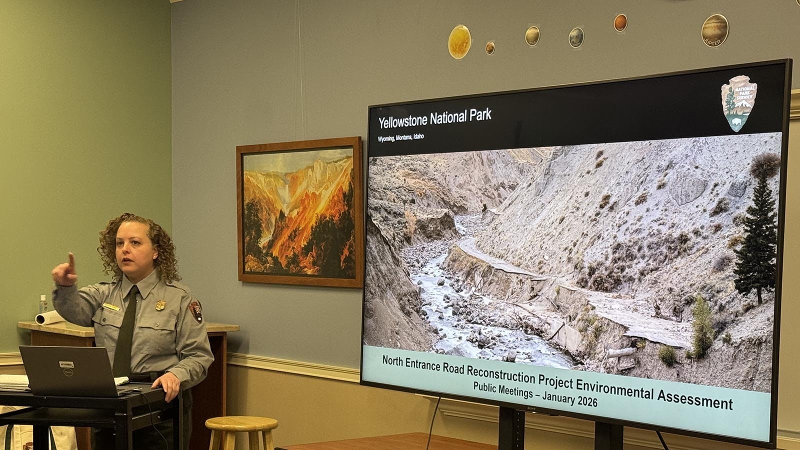 Christine Gabriel with the National Park Service presents details on the proposed alignments of the new North Entrance Road to connect Gardiner, Montana, with Mammoth Hot Springs in Yellowstone National Park.