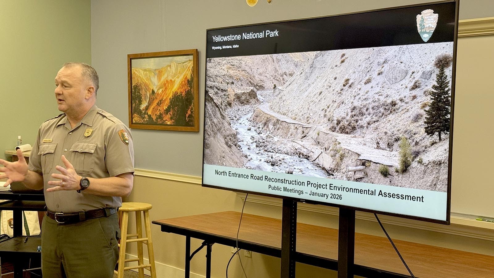 Yellowstone superintendent Cam Sholly addresses the crowd gathered for the public meeting on the new North Entrance Road into Yellowstone National Park. Sholly encouraged their comments and criticisms, saying the decisions made today will "extend beyond any of our lifetimes."