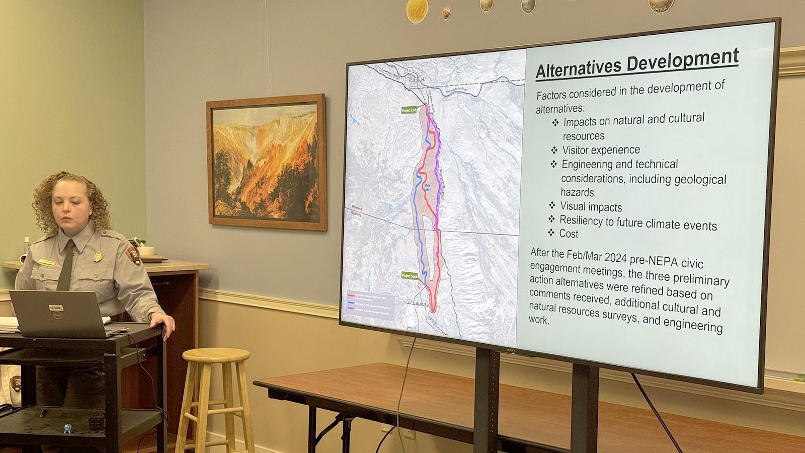 Christine Gabriel with the National Park Service presents details on the proposed alignments of the new North Entrance Road to connect Gardiner, Montana, with Mammoth Hot Springs in Yellowstone National Park.