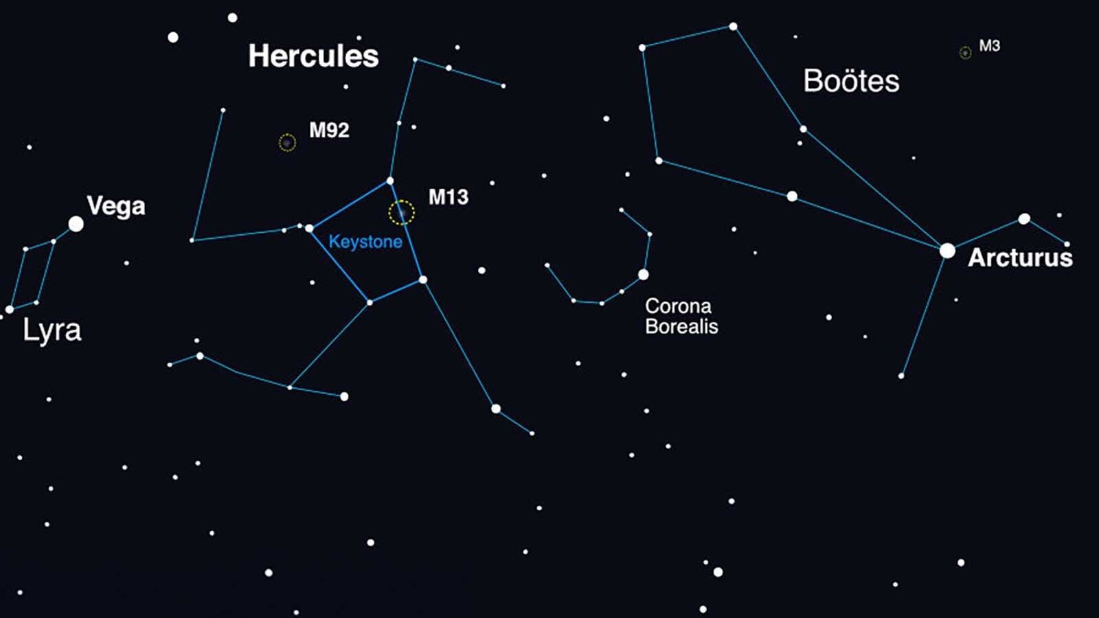 This illustration shows how to find Hercules in the night sky. It was created using planetarium software.