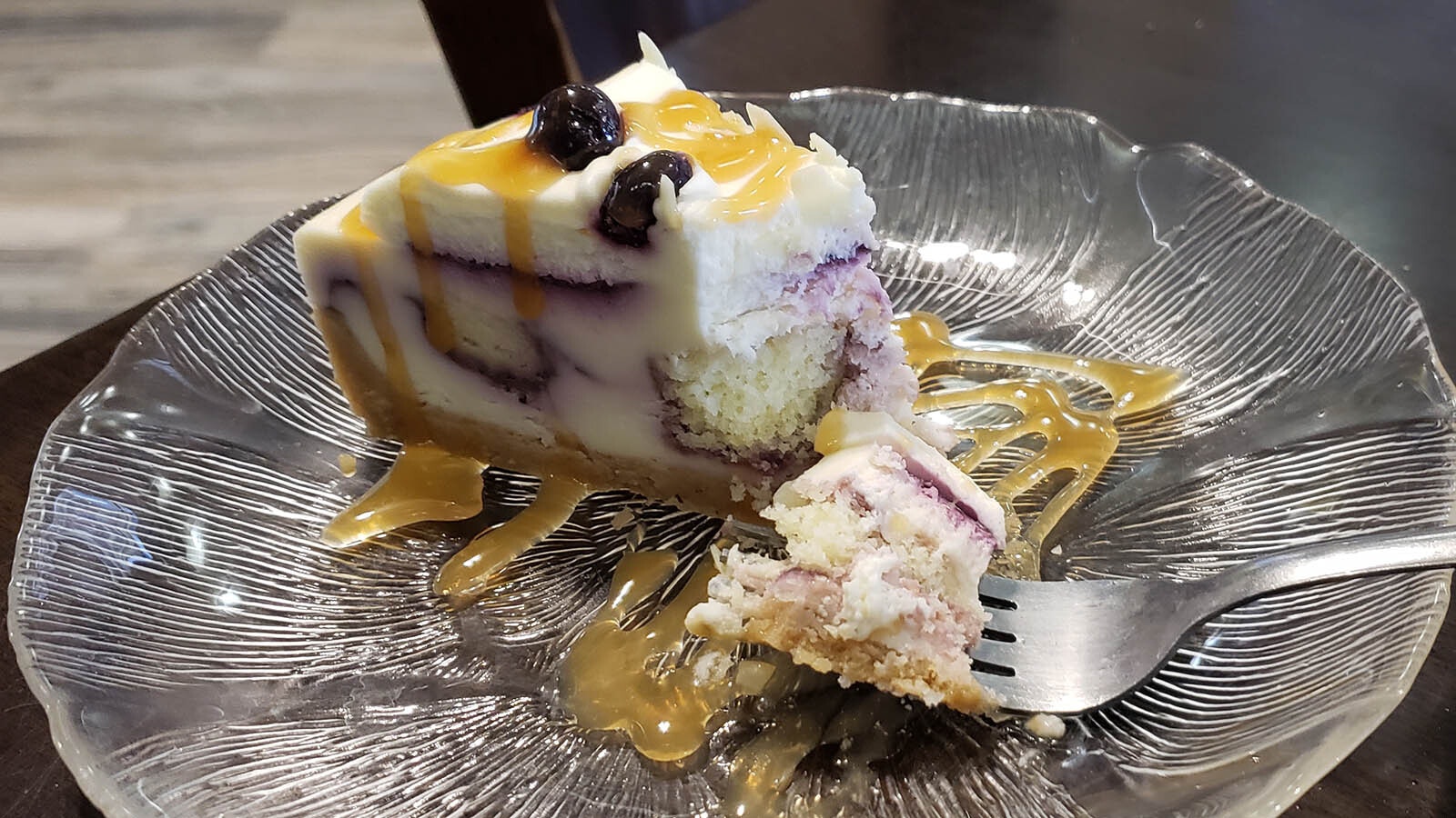 Among the desserts at One Eyed Buffalo is this blueberry caramel cheesecake.