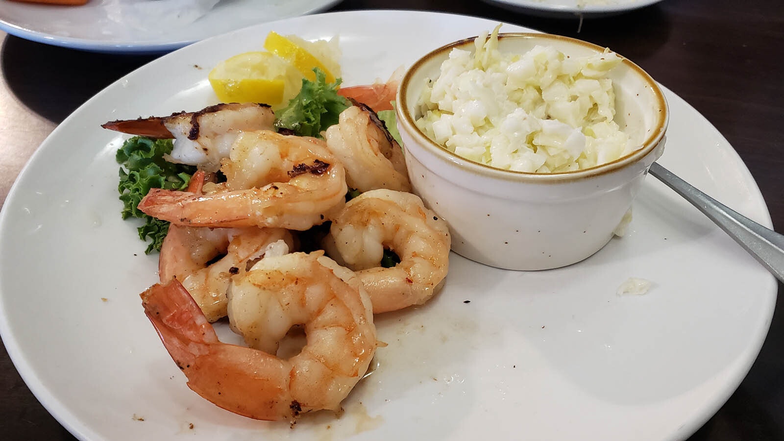 Another light lunch option, grilled shrimp with coleslaw.