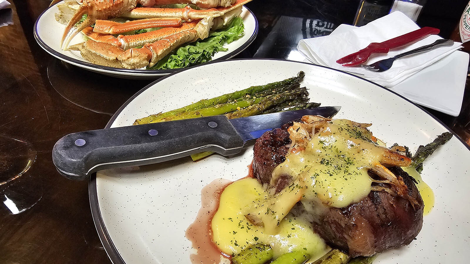 The Filet Oscar and the crab legs are new additions to One Eyed Buffalo's menu, after they moved into a larger space. They are just as delicious as they look.