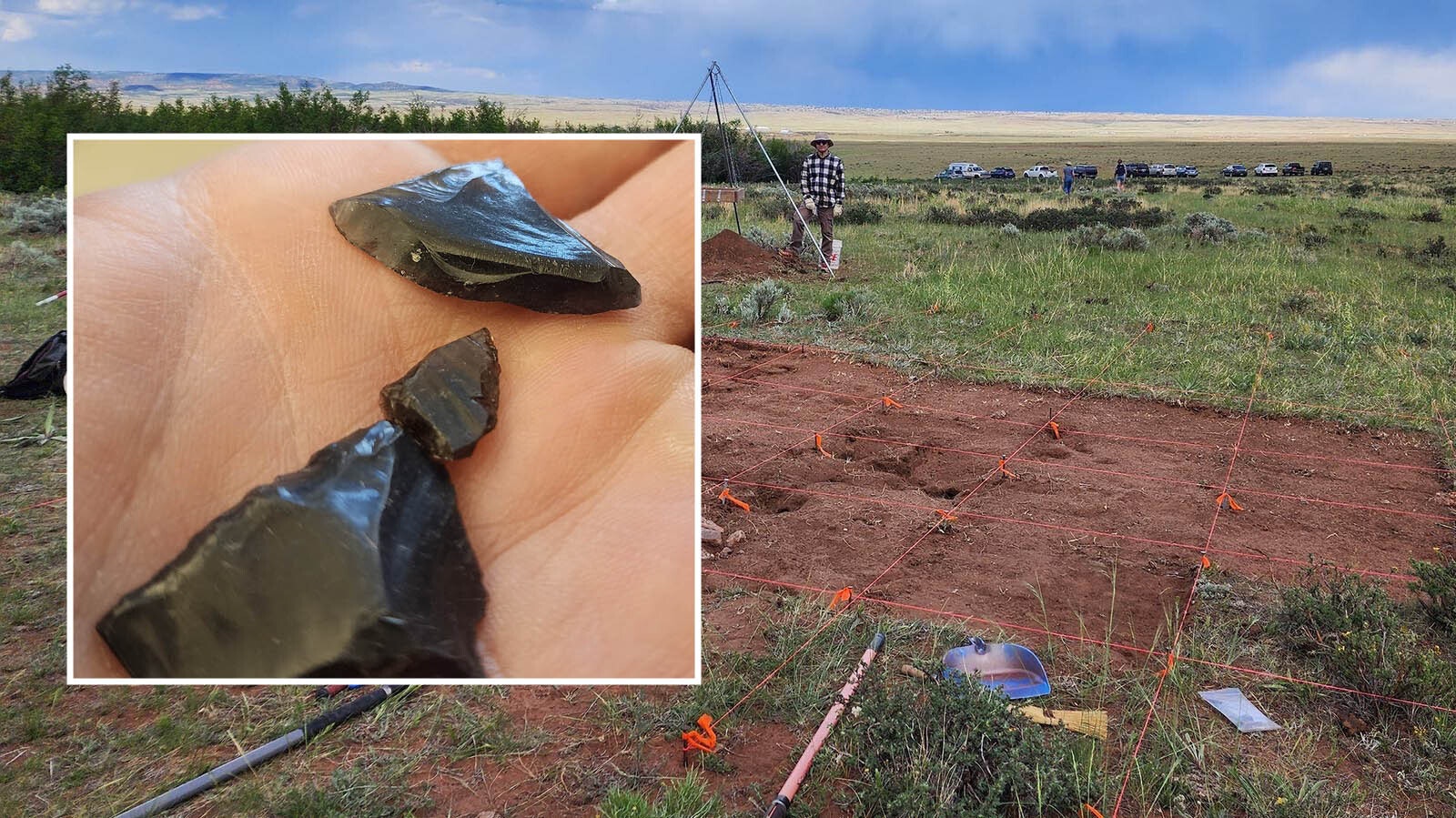 Archaeologists use obsidian to determine how far people traveled on ancient trade routes in early Wyoming. Each obsidian flake bears a unique volcanic fingerprint that points to their place of origin. Here, workers excavate a lost outpost in the Laramie Valley.