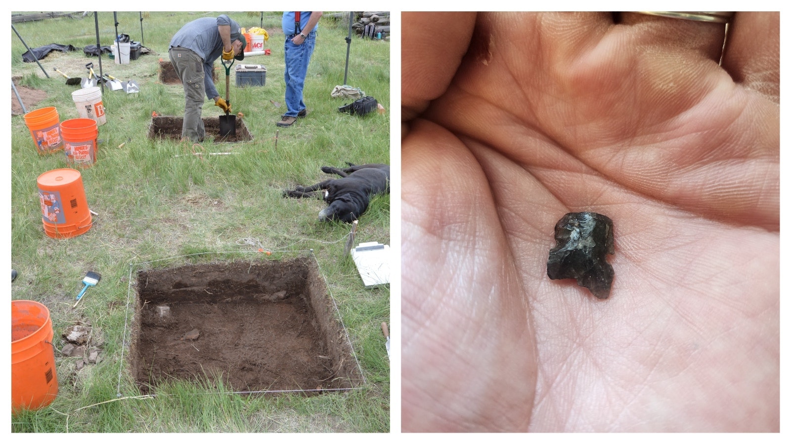 Site volunteers excavate a series of test excavations at the Willow Springs campsite, left. This obsidian arrow point, recovered from William Mulloy's 1960s excavations at Willow Springs, is made from rock that originally came from the Polvadera Peak source (Valles Caldera), New Mexico.