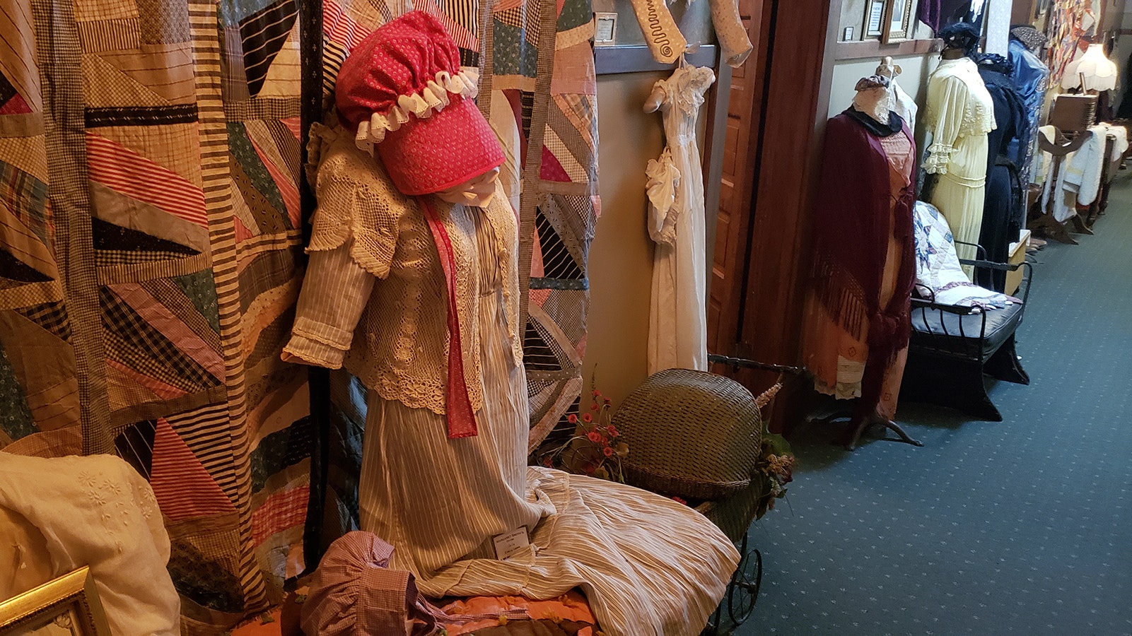 A vintage clothing display in one of the corridors of the hotel, which is also a registered museum.
