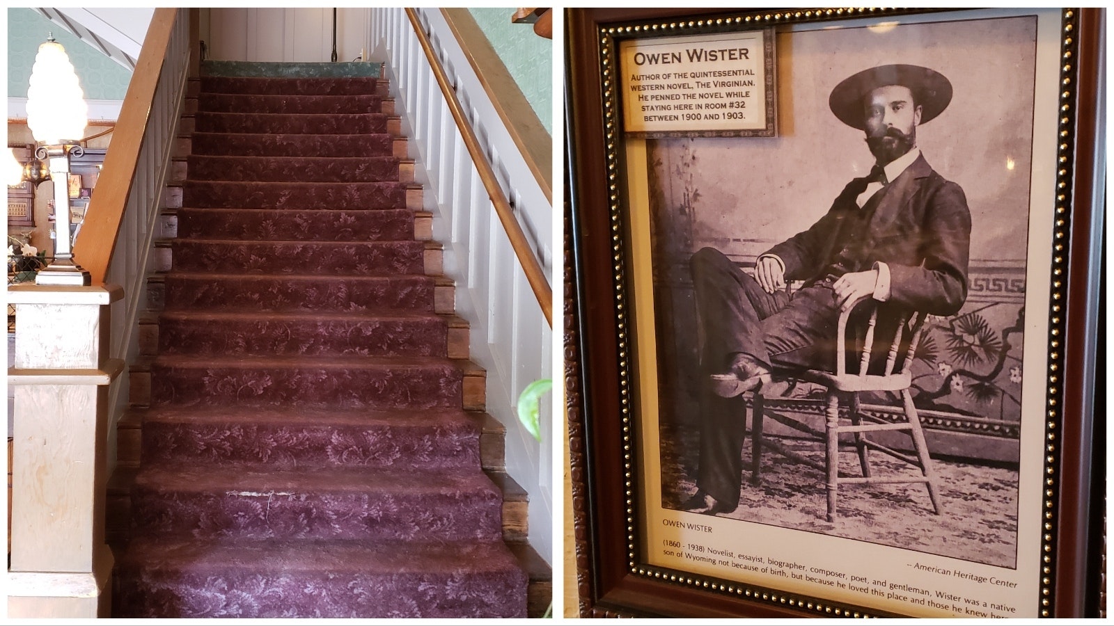 Most of the hotel rooms are up these elegant stairs, 18 rooms with 18 personalities await. At right, author Owen Wister wrote the Western novel "The Virginian" at the Occidental Hotel in Buffalo, Wyoming.