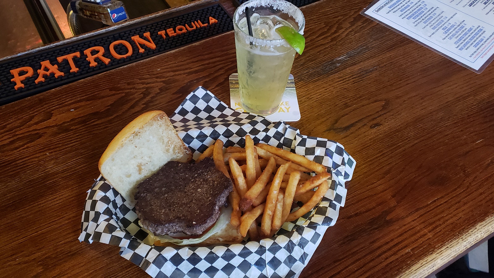 The bison burger is a customer favorite with fries, along with the house specialty — a salt-rimmed margarita.