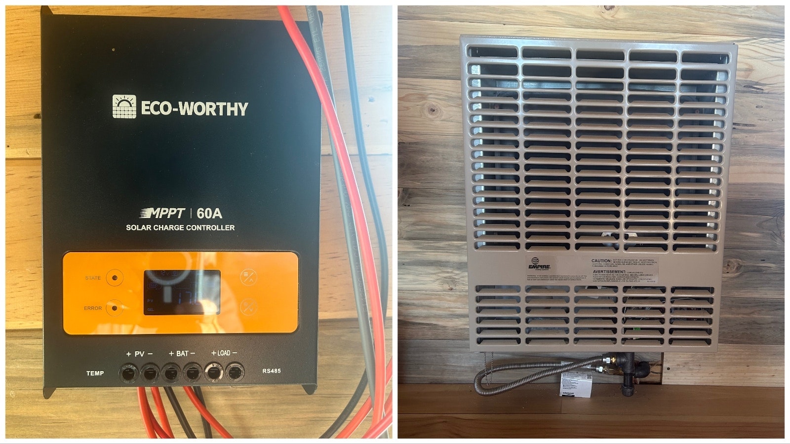 A solar charge controller, left, is an important part in an off-grid solar power system. At right, a propane furnace is a good source of backup heat in an off-grid cabin heated primarily with a wood stove.