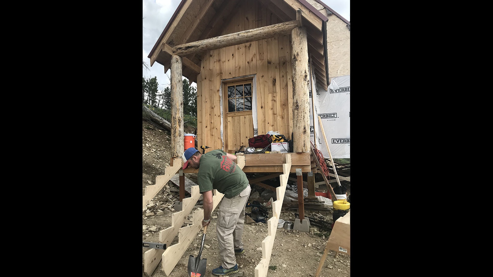 Front porch construction underway at Cody Letteire’s off-grid mountain cabin near Dubois.