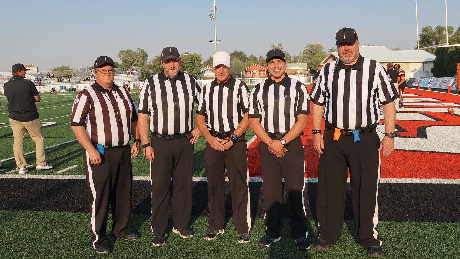 Members of the Laramie Football Officials prepare to officiate the game between the Natrona County High School and Thunder Basin teams. From left are Johnathan Despain, Warren Crawford, Todd Pearson, Cameron Jaure, and David Willems.