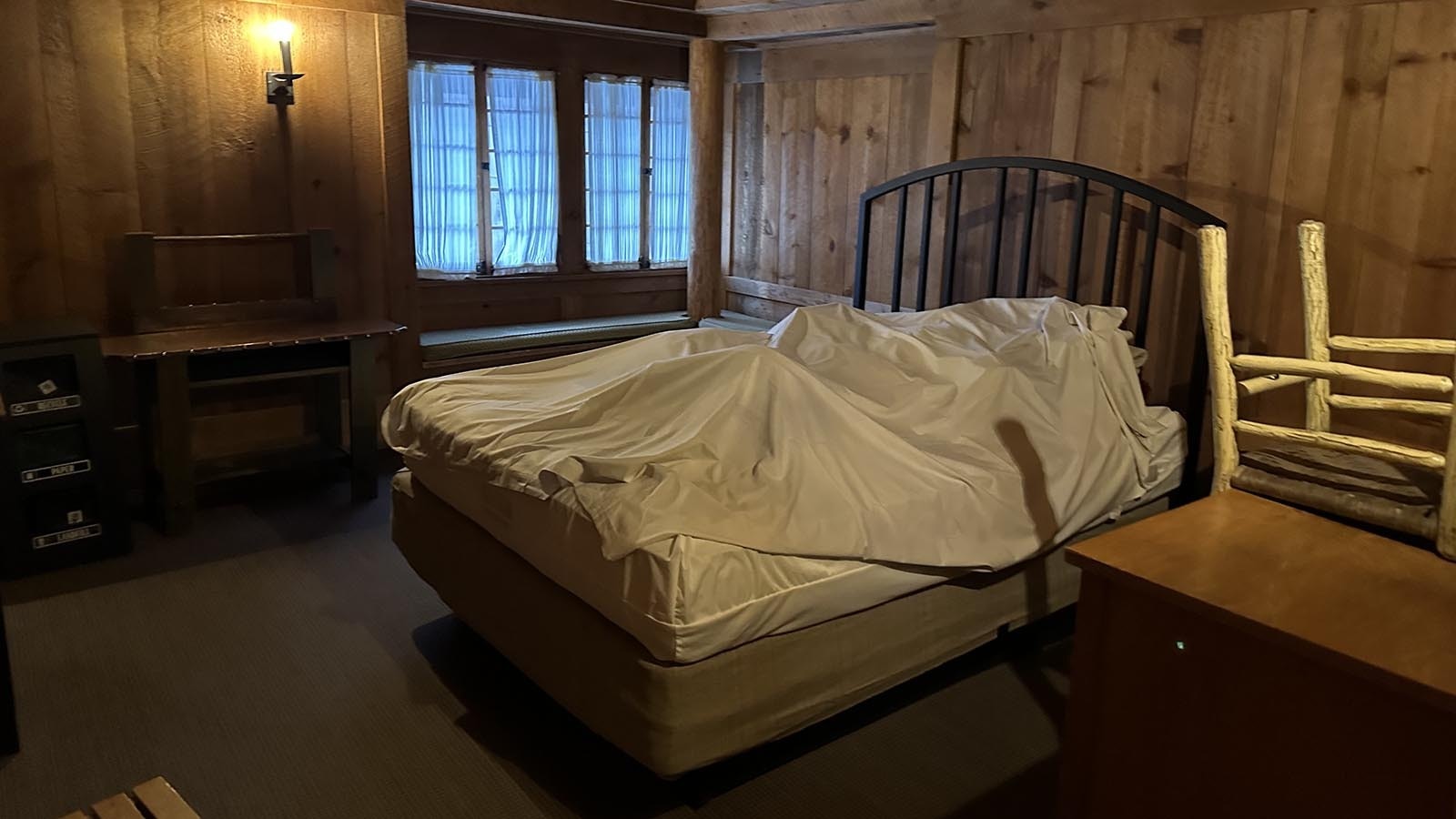 This room in the historic section of Old Faithful Inn in Yellowstone National Park, would have been much like the one the bride and her groom had as their honeymoon suite, Room 127.