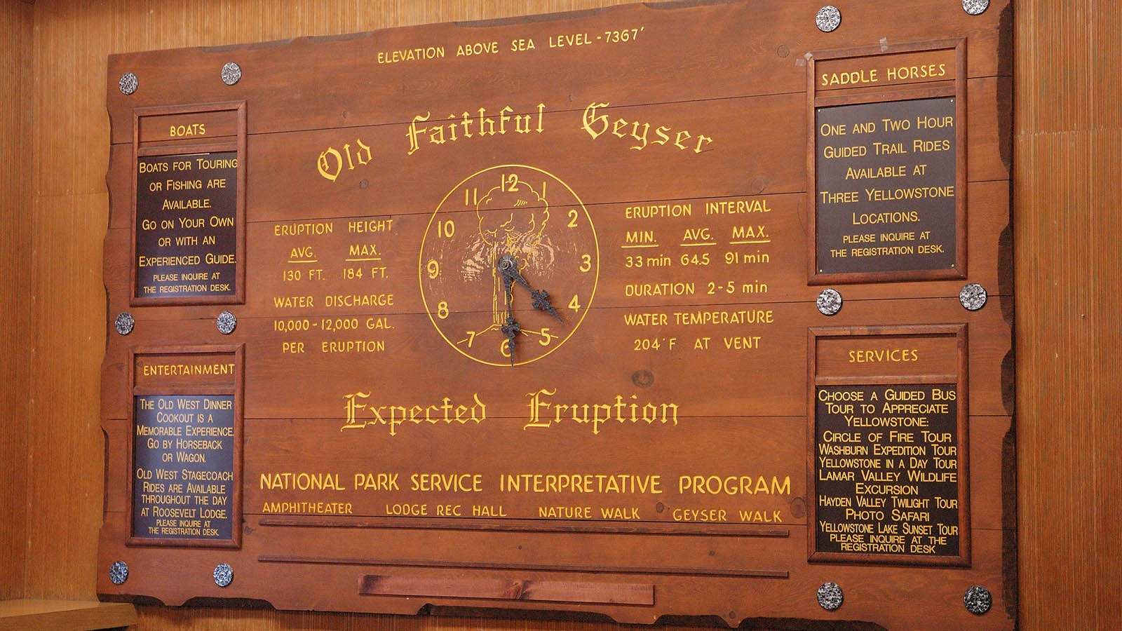 This beautiful, large Old Faithful Geyser Expected Eruption sign used to be prominently displayed in Old Faithful Lodge. In a pre-digital age, it gave all the information visitors needed to not only see the next eruption, but learn more about the world's most famous geyser.