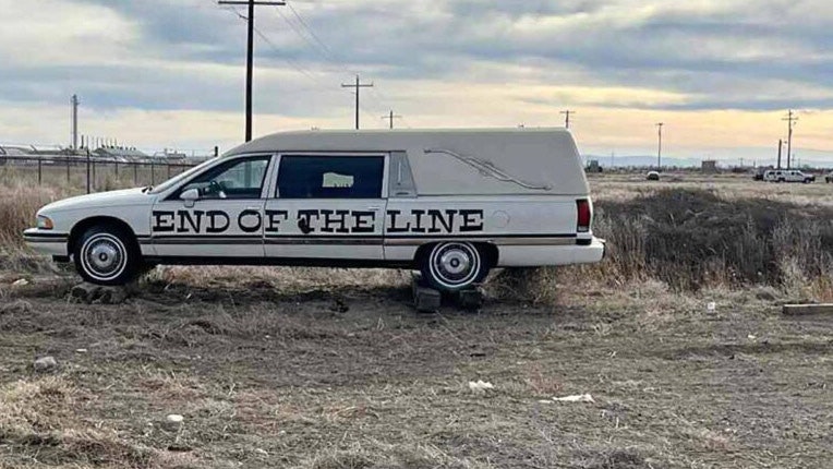 When Pete Smet Recycling acquired an old hearse from a Worland mortuary, workers built a platform and placed it alongside U.S. 16. It's a reminder that it's the "End of the Line" for scrap metal — and everyone who sees it.