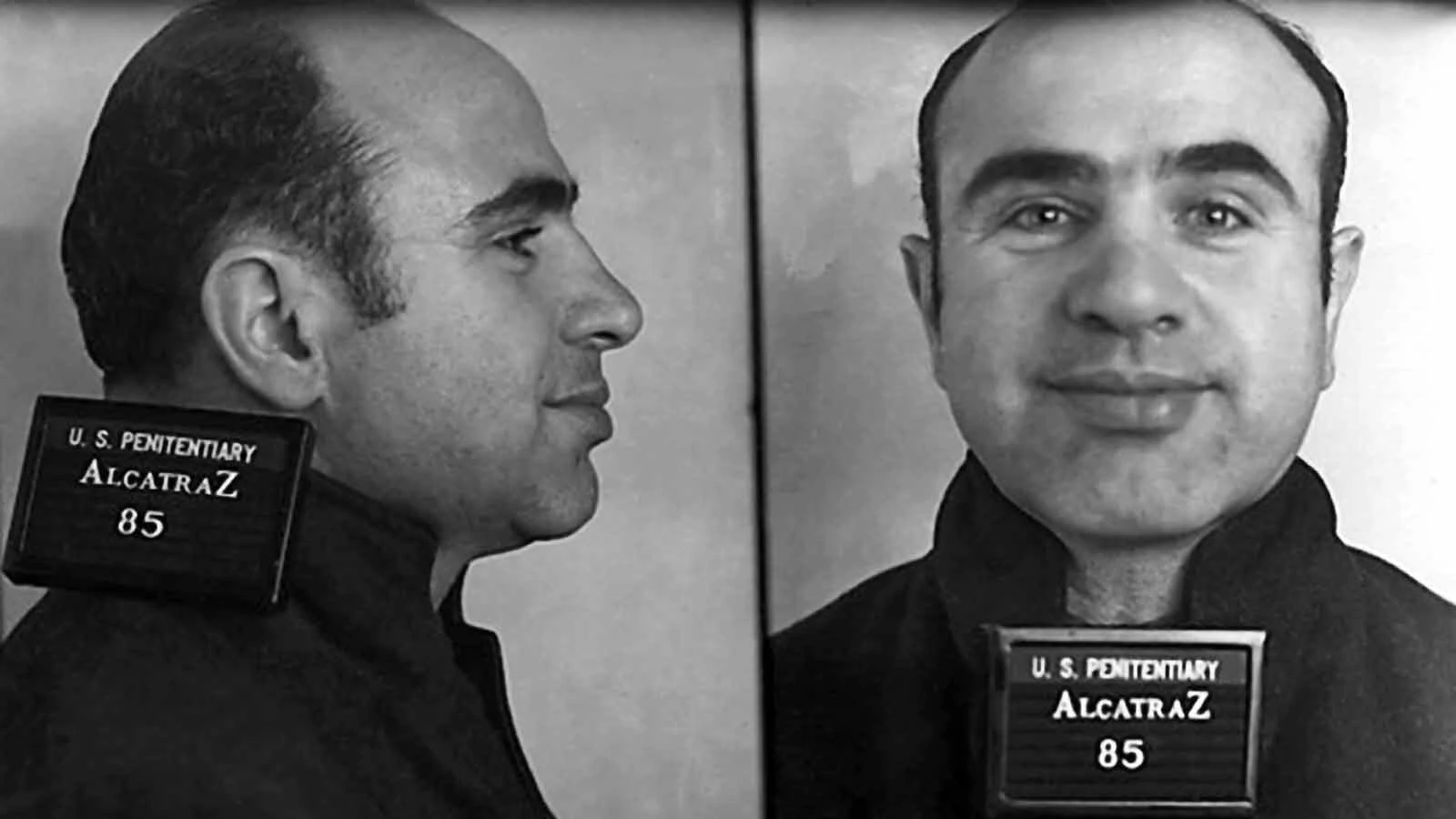 Gangster Alphonse 'Al' Capone poses for a mugshot on his arrival at the Federal Penitentiary at Alcatraz on Aug. 22, 1934, in San Francisco, California.